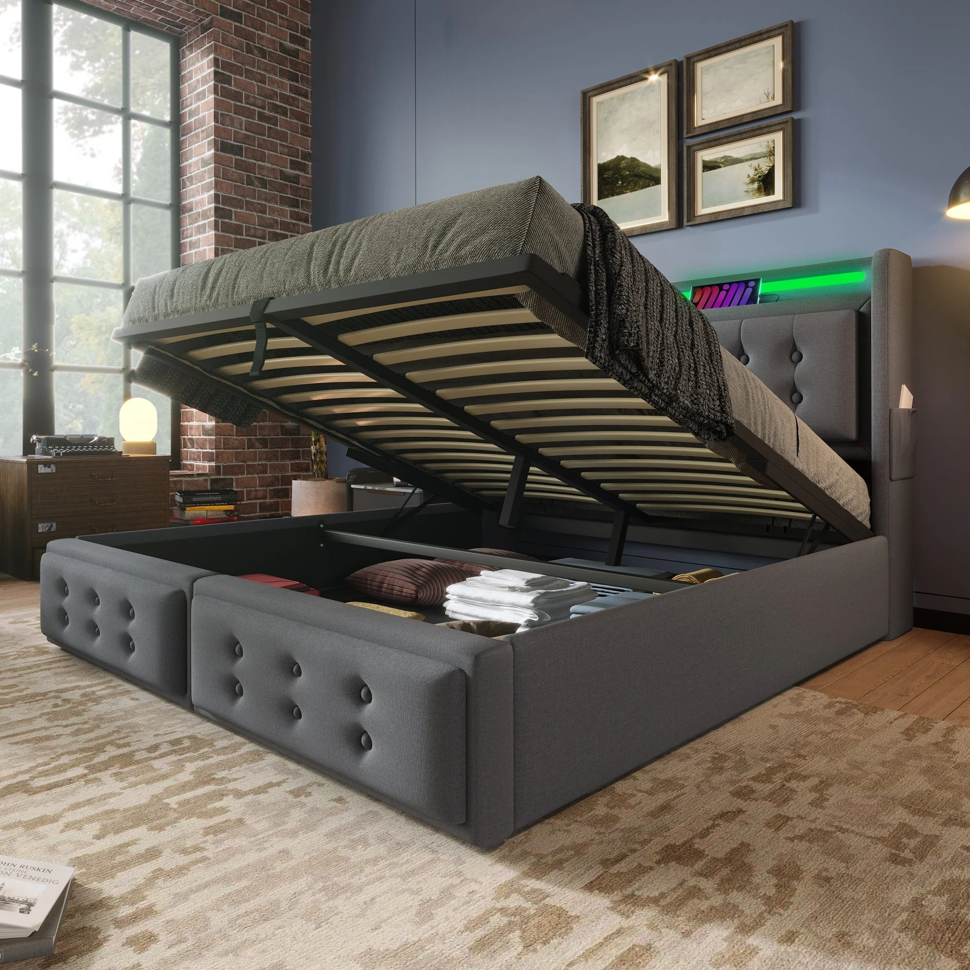 Upholstered Bed 140x200 Double LED Headboard USB C Hydraulic Storage, Grey Cotton - Image 7