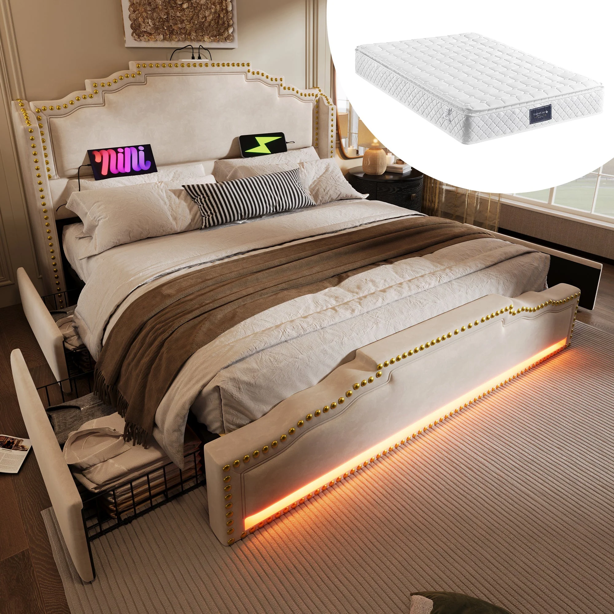 Upholstered Bed 140x200, Double with 4 Drawers, LED & USB-C, Beige Velvet