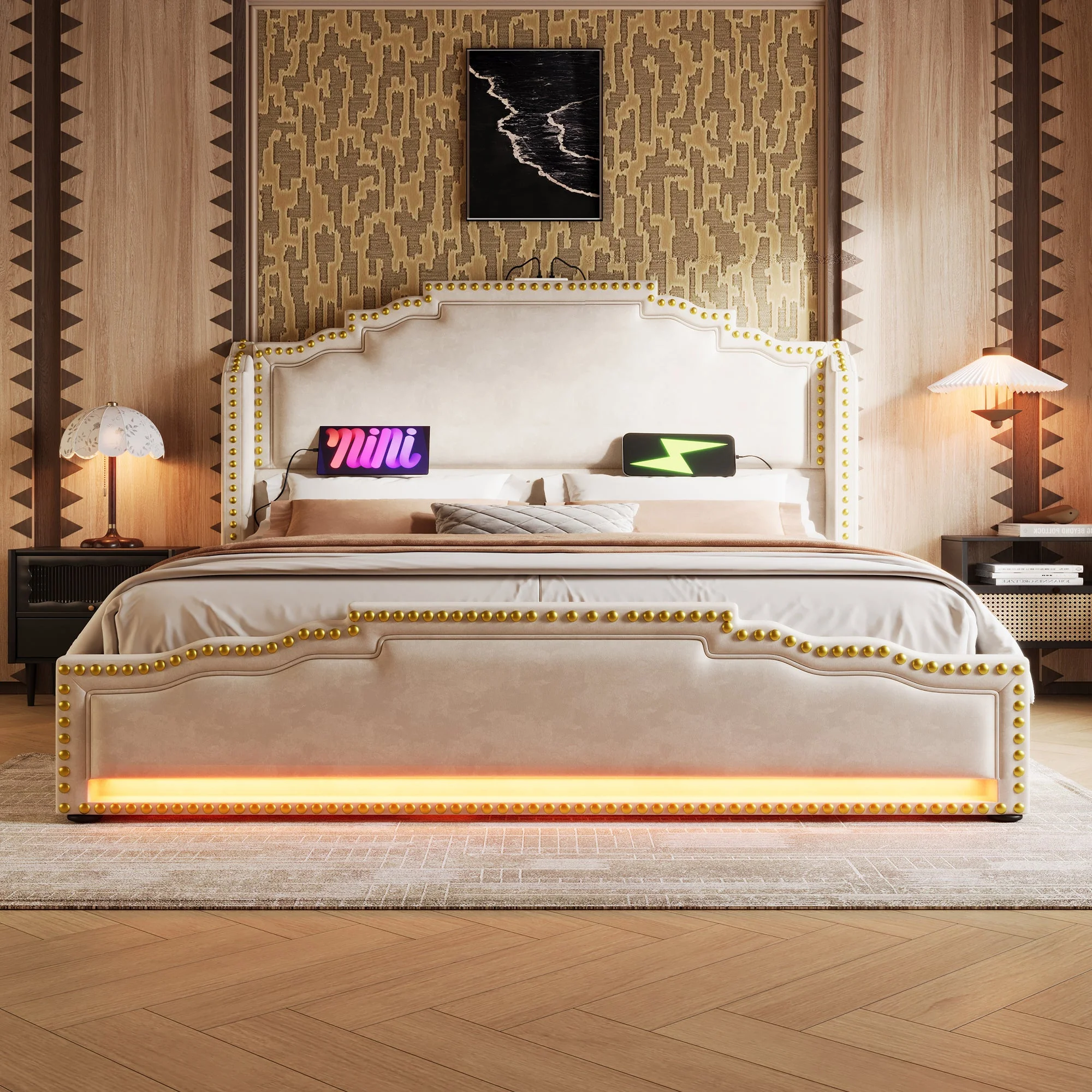 Upholstered Bed 140x200, Double with 4 Drawers, LED, USB-C, Velvet Beige - Image 10