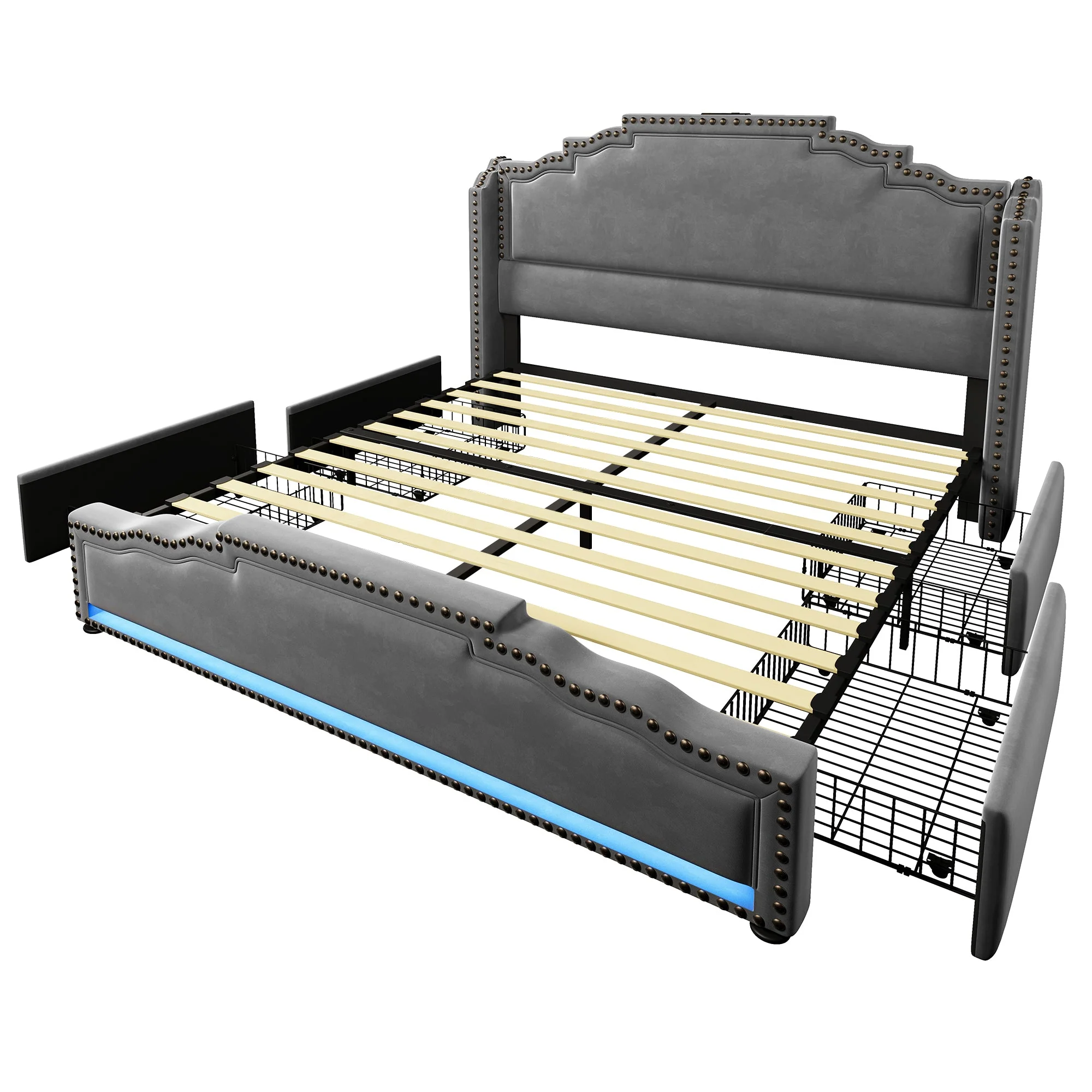 Upholstered Bed 140x200, Double with 4 Drawers, LED & USB-C, Velvet Grey - Image 9