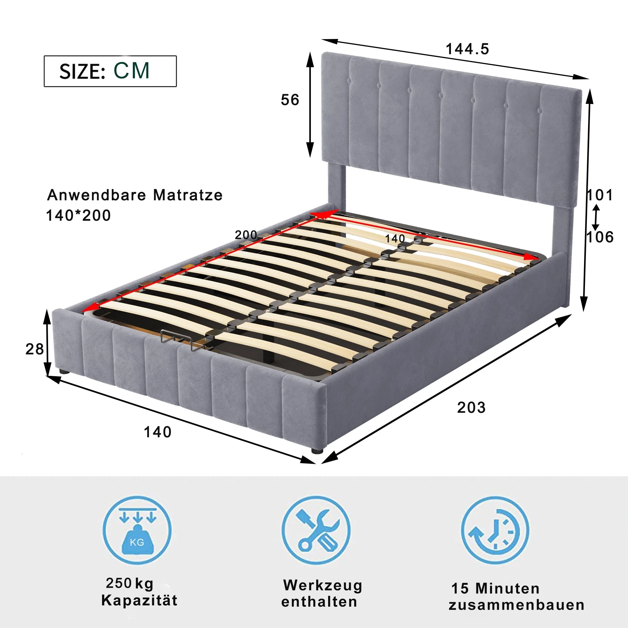 Upholstered Bed, 140x200 Double with Hydraulic Storage & Adjustable Headboard, Velvet Gray - Image 10