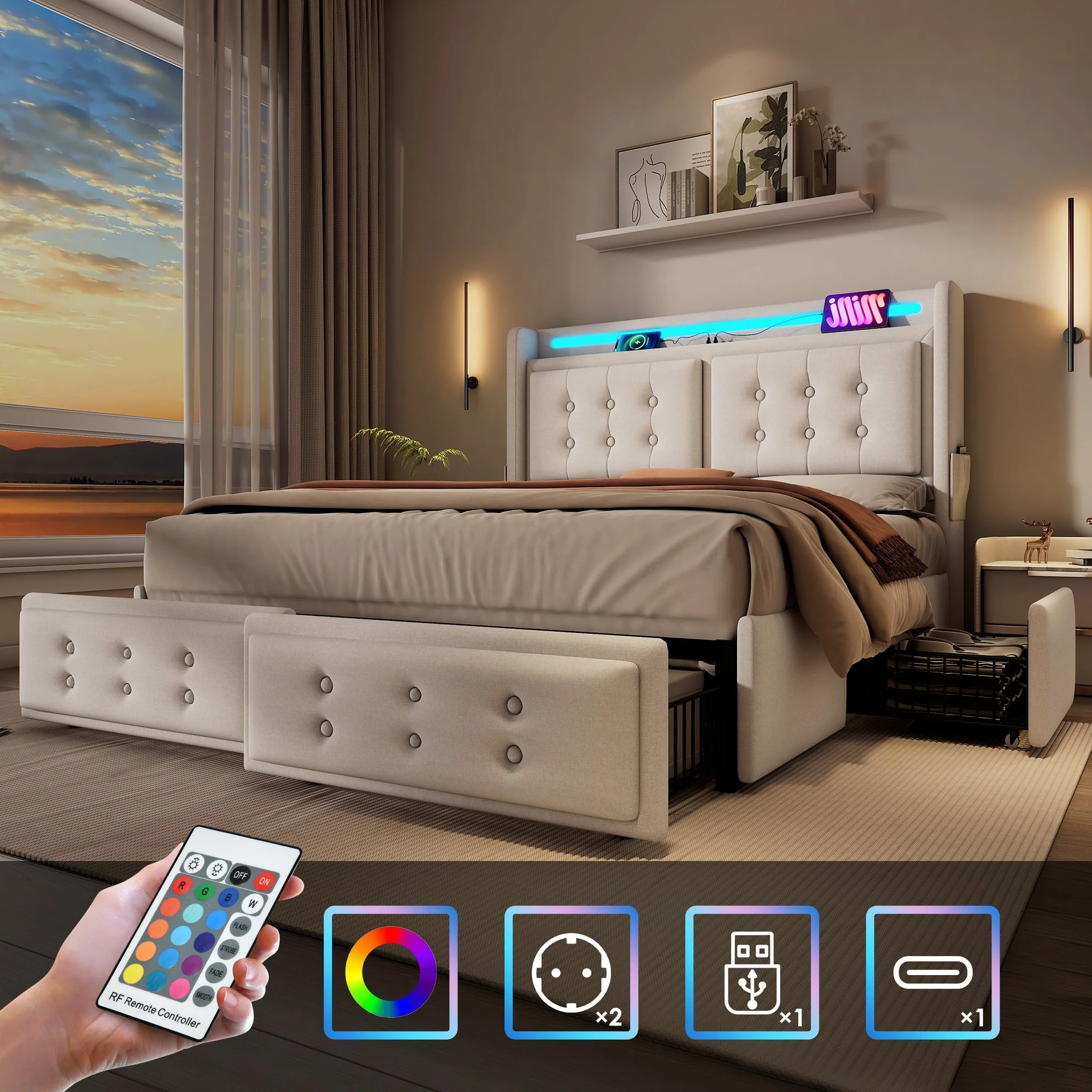 Upholstered Bed 140x200, Double with LED Headboard, USB-C & 4 Drawers, Beige Cotton - Image 7