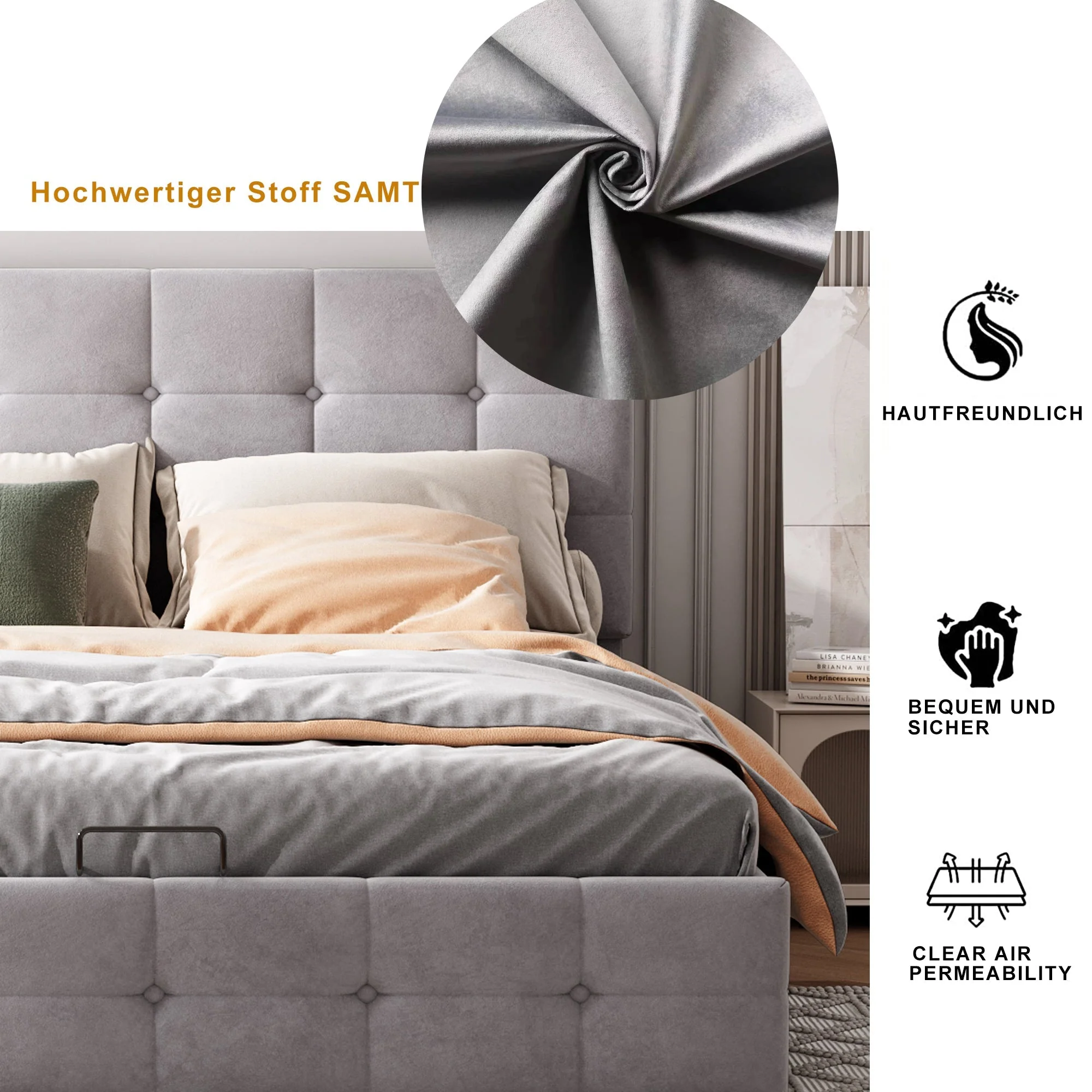 Upholstered Bed, 140x200 Double with Liftable Storage, Adjustable Headboard, Velvet Fabric Gray - Image 8