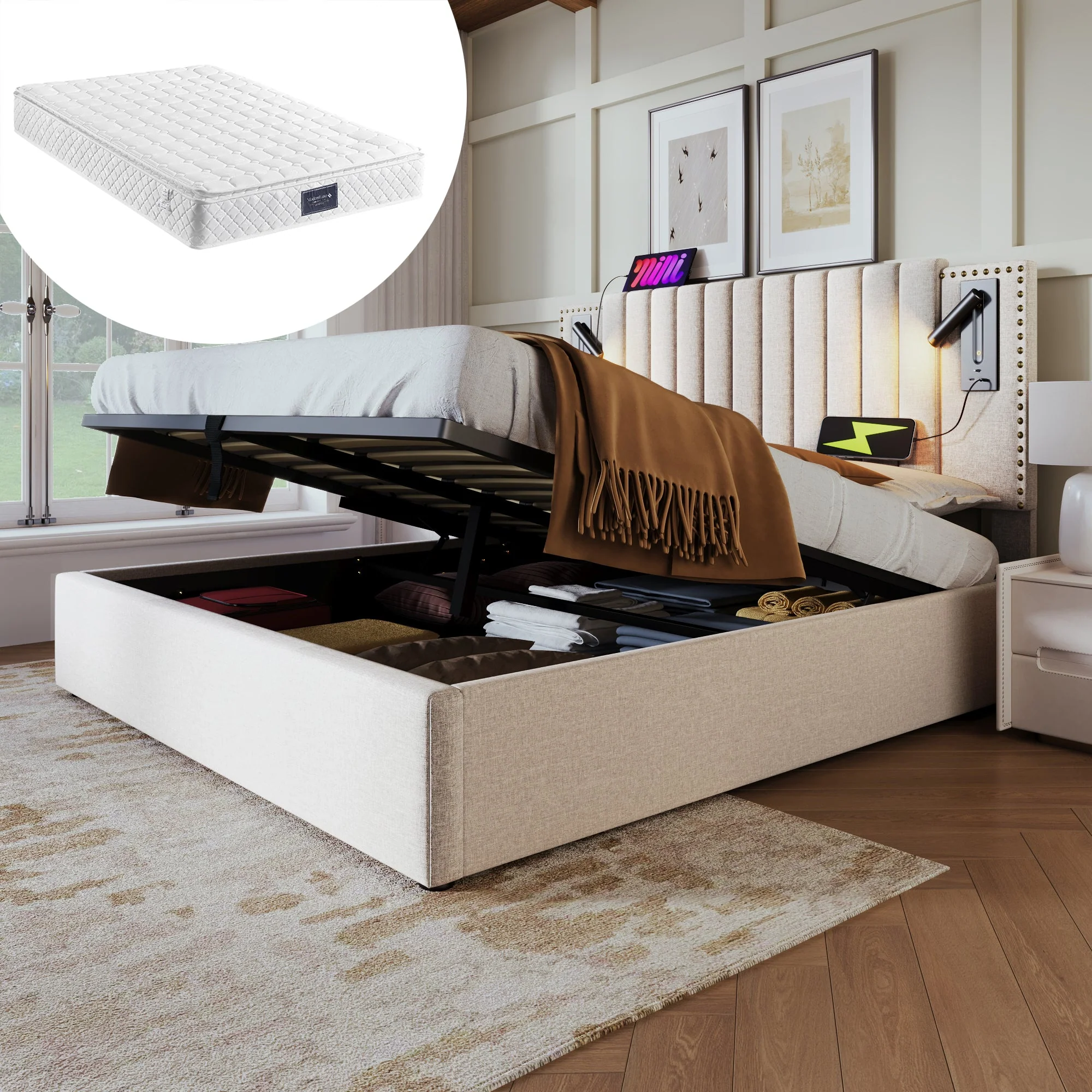 Upholstered Bed 140x200, Double with Storage & Reading Light, Beige Cotton