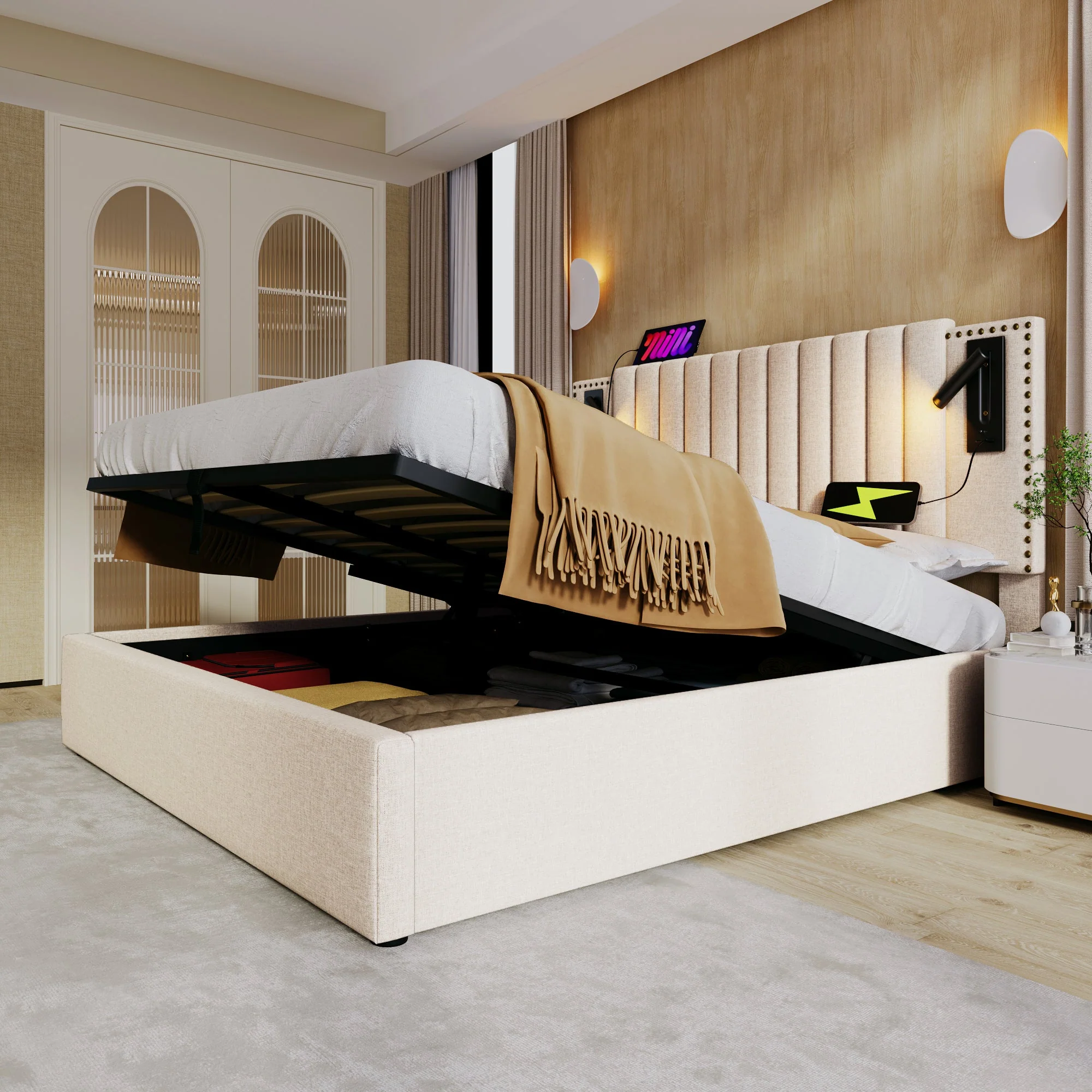 Upholstered Bed 140x200, Double with Storage & Reading Light, Beige Cotton - Image 9