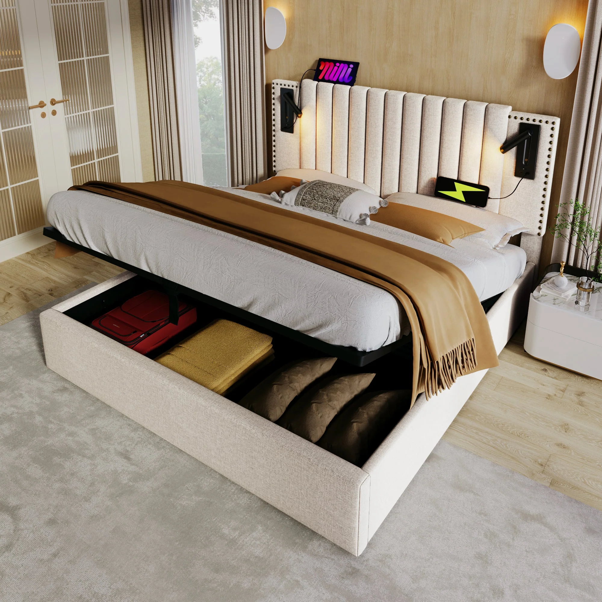 Upholstered Bed 140x200, Double with Storage, USB Reading Light, Rivet Headboard, Beige Cotton - Image 10