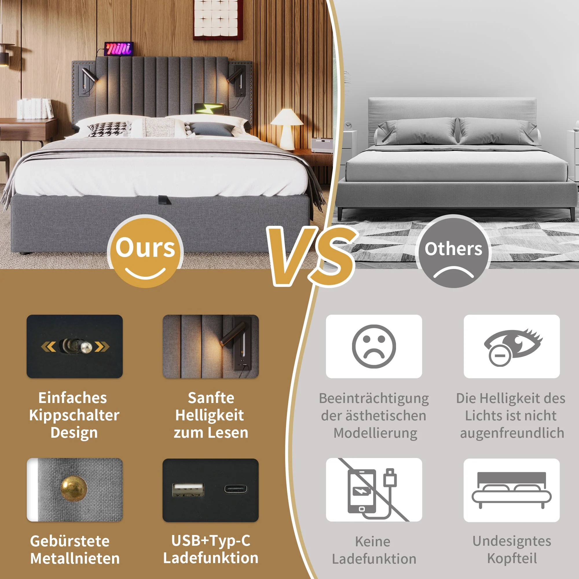 Upholstered Bed, 140x200 Double with Storage, USB Reading Light, Rivet Headboard, Gray Cotton - Image 6