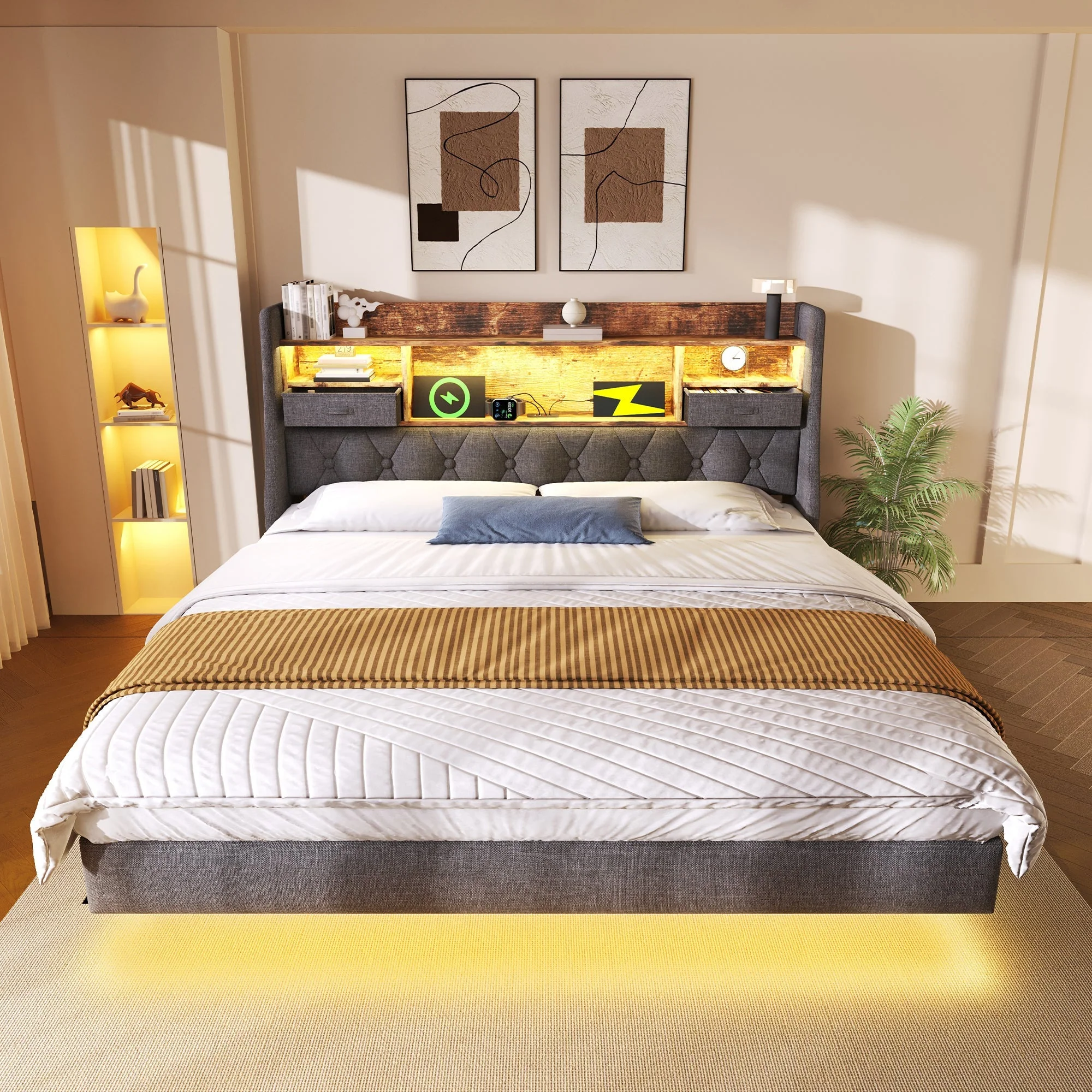 Upholstered Bed 140x200 Floating LED Storage Headboard Charging Station, Linen Grey - Image 8