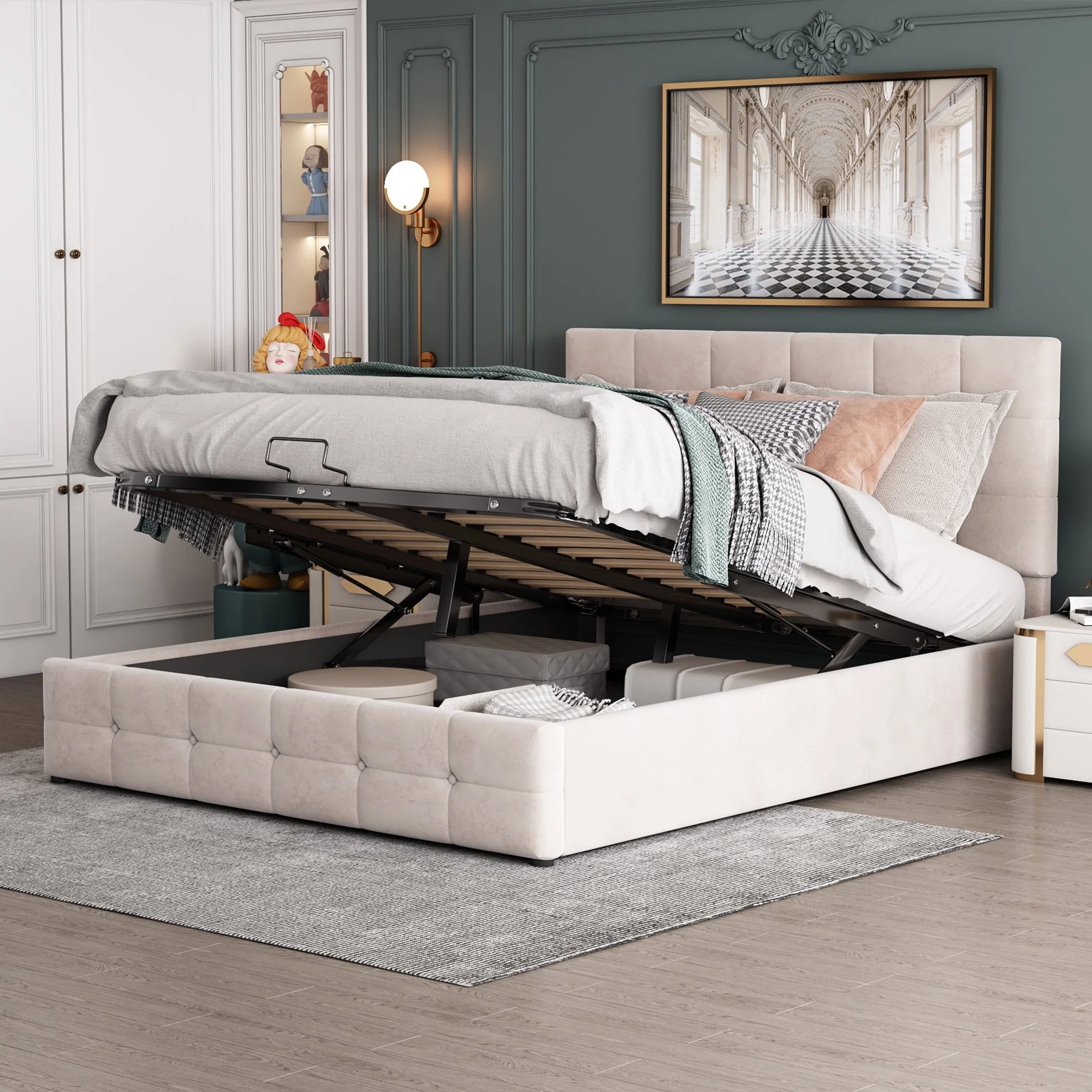 Upholstered Bed 140x200, Hydraulic Storage & Adjustable Headboard, Cream Velvet - Image 5