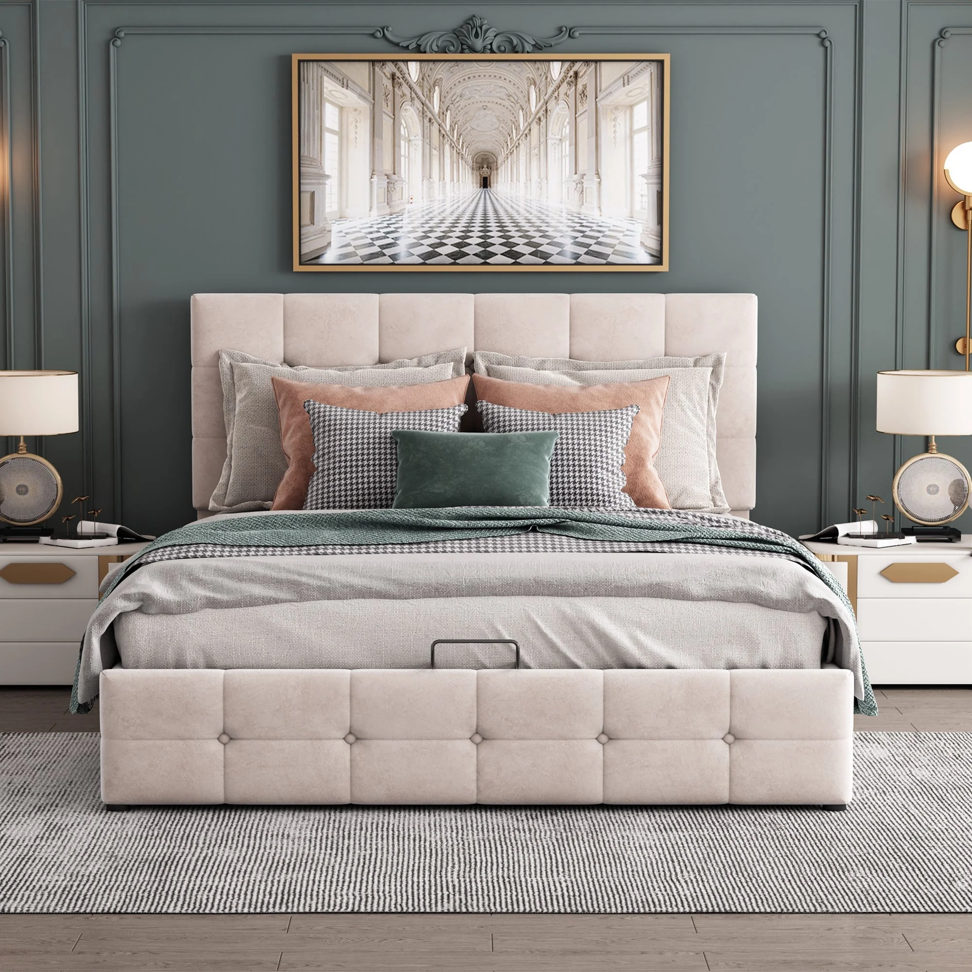 Upholstered Bed 140x200, Hydraulic Storage & Adjustable Headboard, Cream Velvet - Image 6