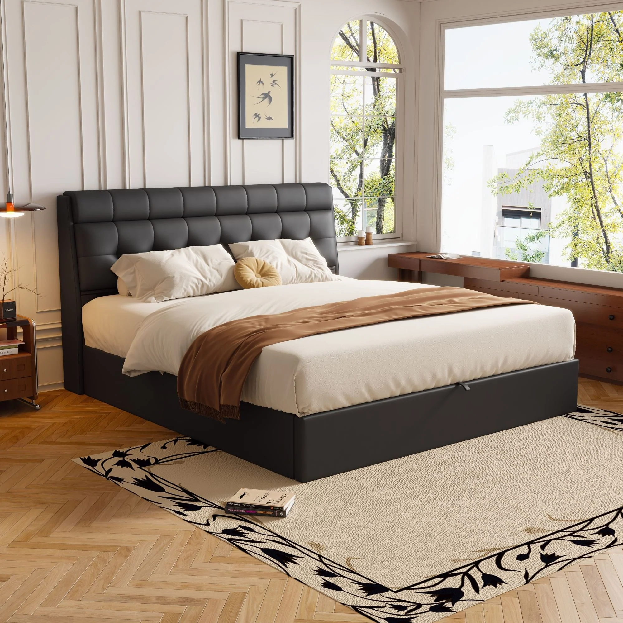 Upholstered Bed 140x200 Hydraulic Storage Concealed Headboard PU Black - Image 3