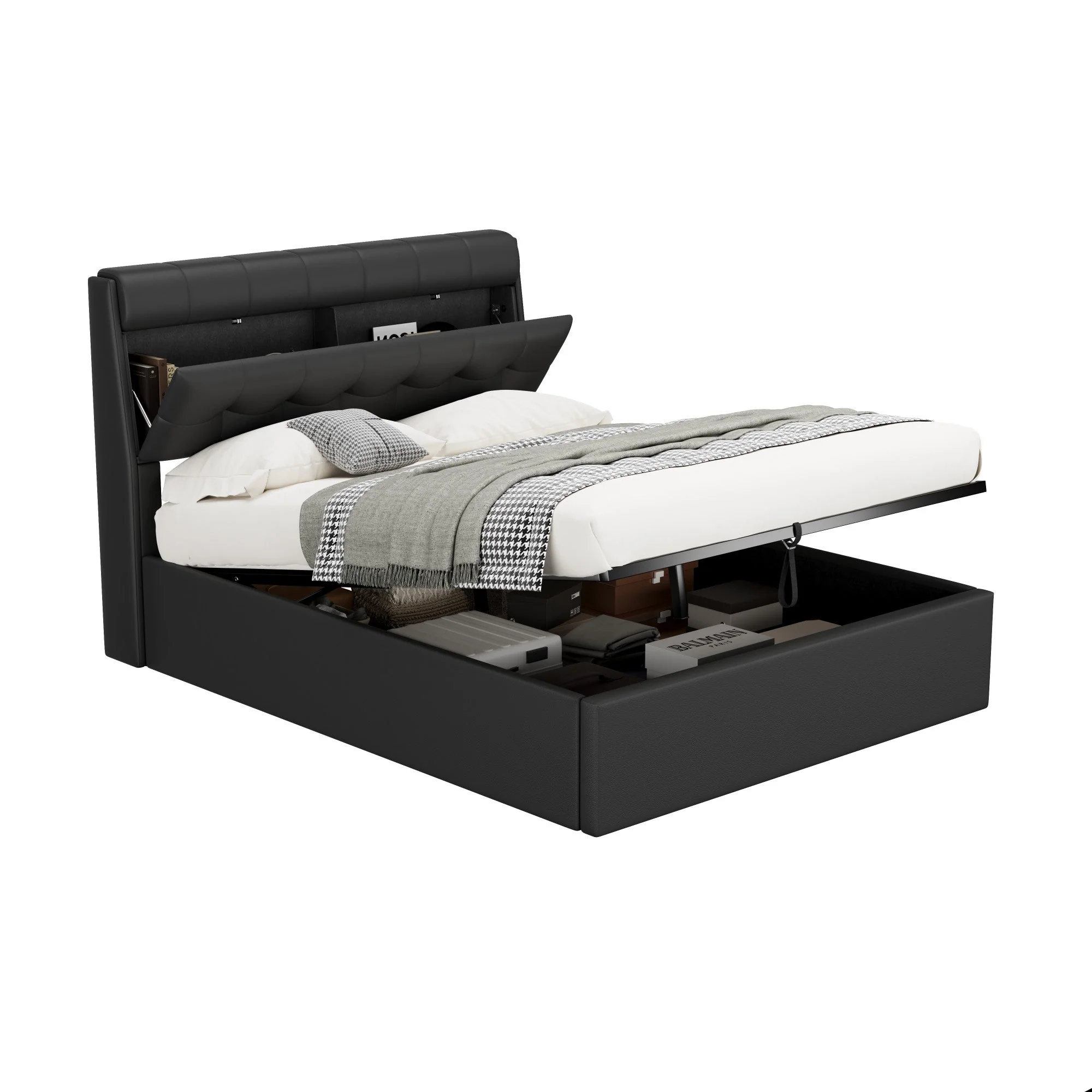 Upholstered Bed 140x200 Hydraulic Storage Concealed Headboard PU Black - Image 7