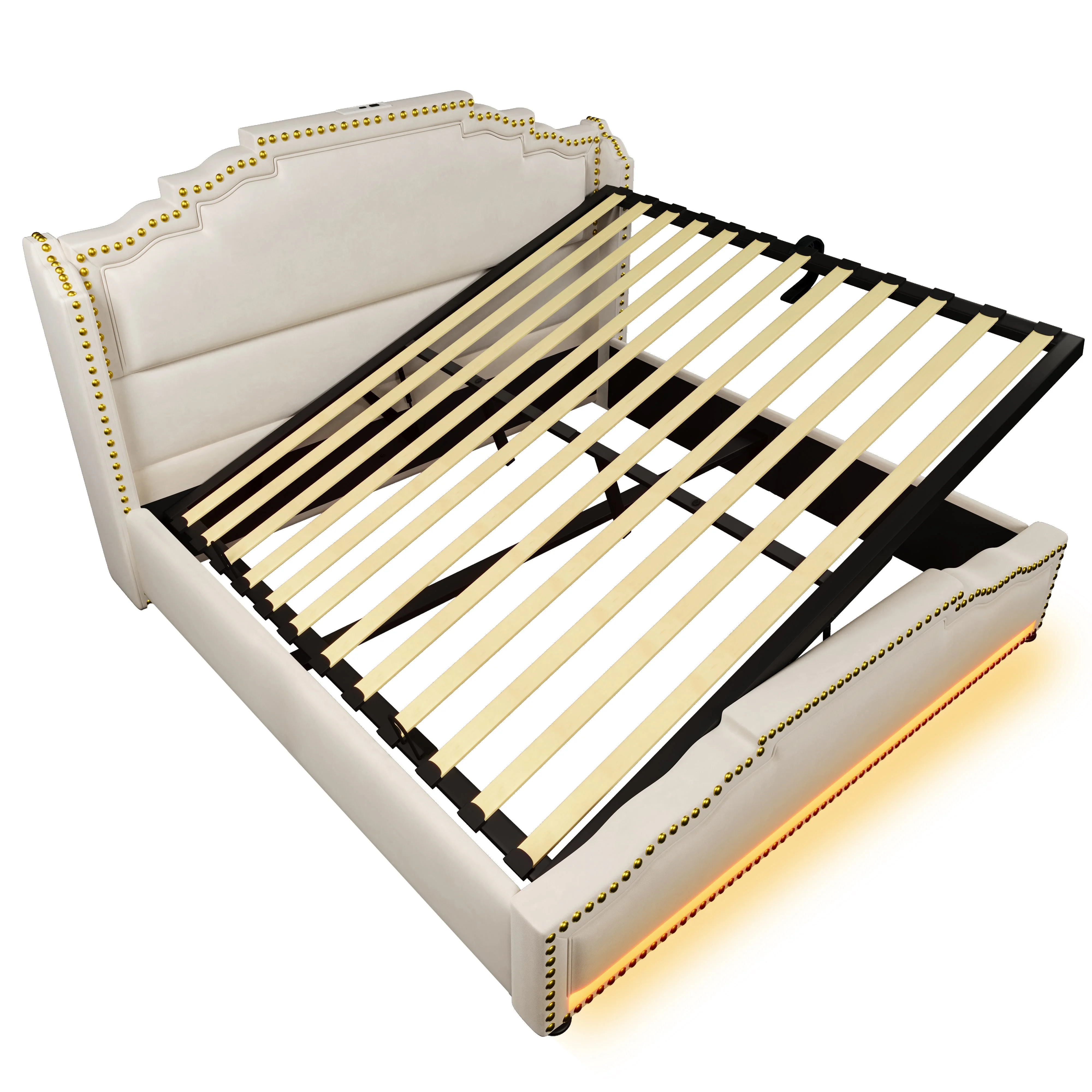 Upholstered Bed 140x200, Hydraulic Storage, LED, USB-C, Slatted Frame, Beige Velvet - Image 8