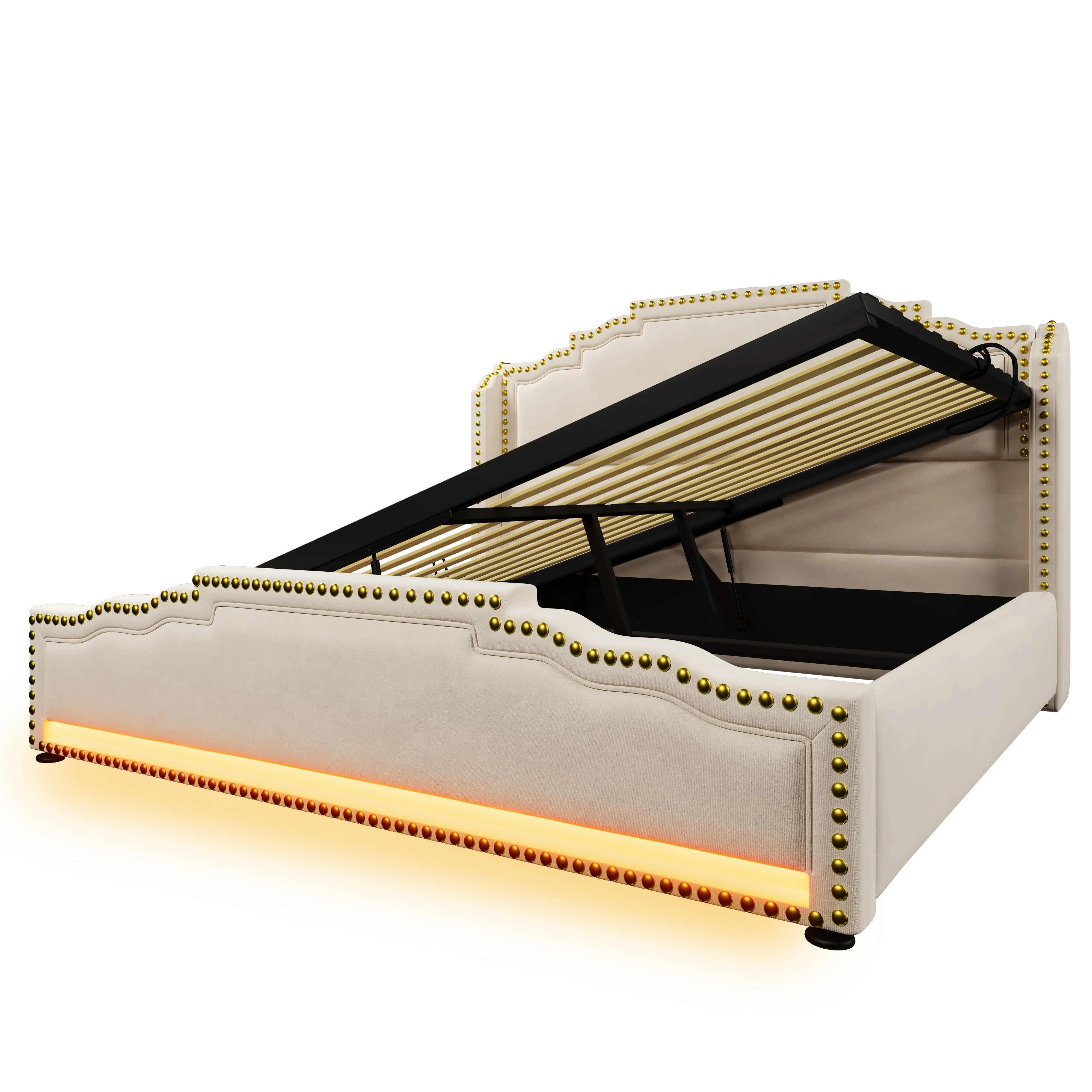 Upholstered Bed 140x200, Hydraulic Storage, LED, USB-C, Slatted Frame, Velvet Beige - Image 10