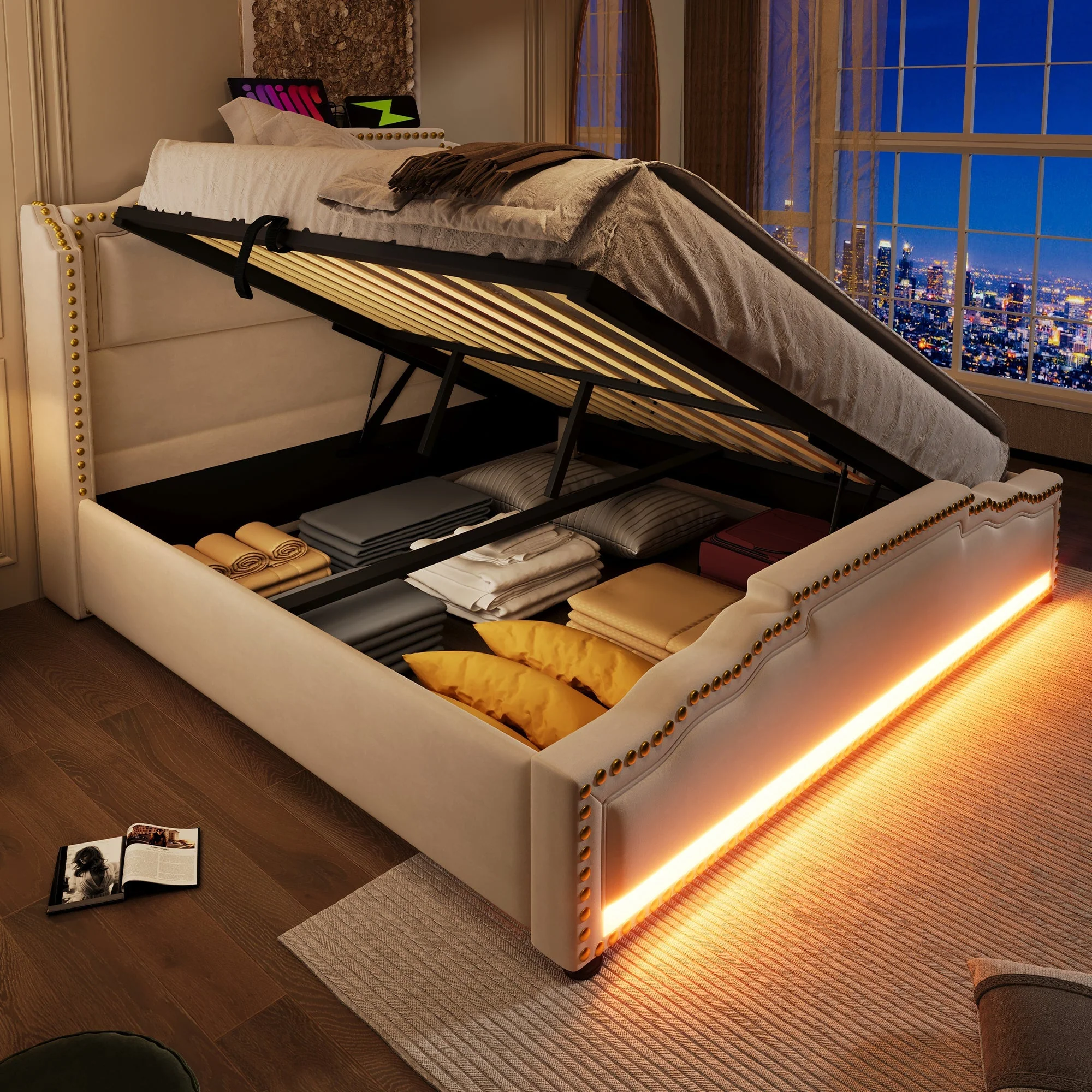 Upholstered Bed 140x200, Hydraulic Storage, LED, USB-C, Velvet Beige - Image 10