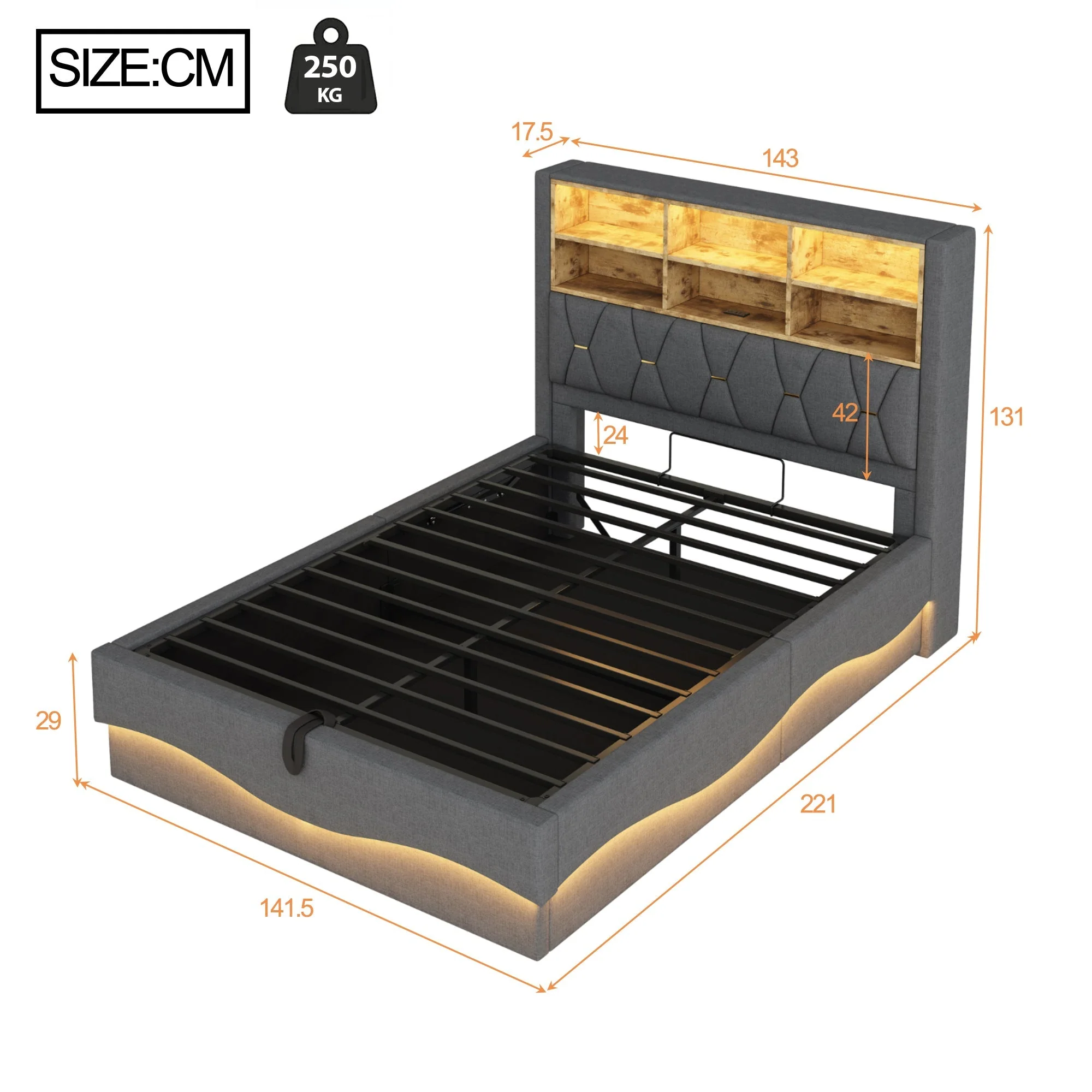 Upholstered Bed 140x200 Hydraulic Storage LED/USB Slatted Frame, Linen Grey - Image 5