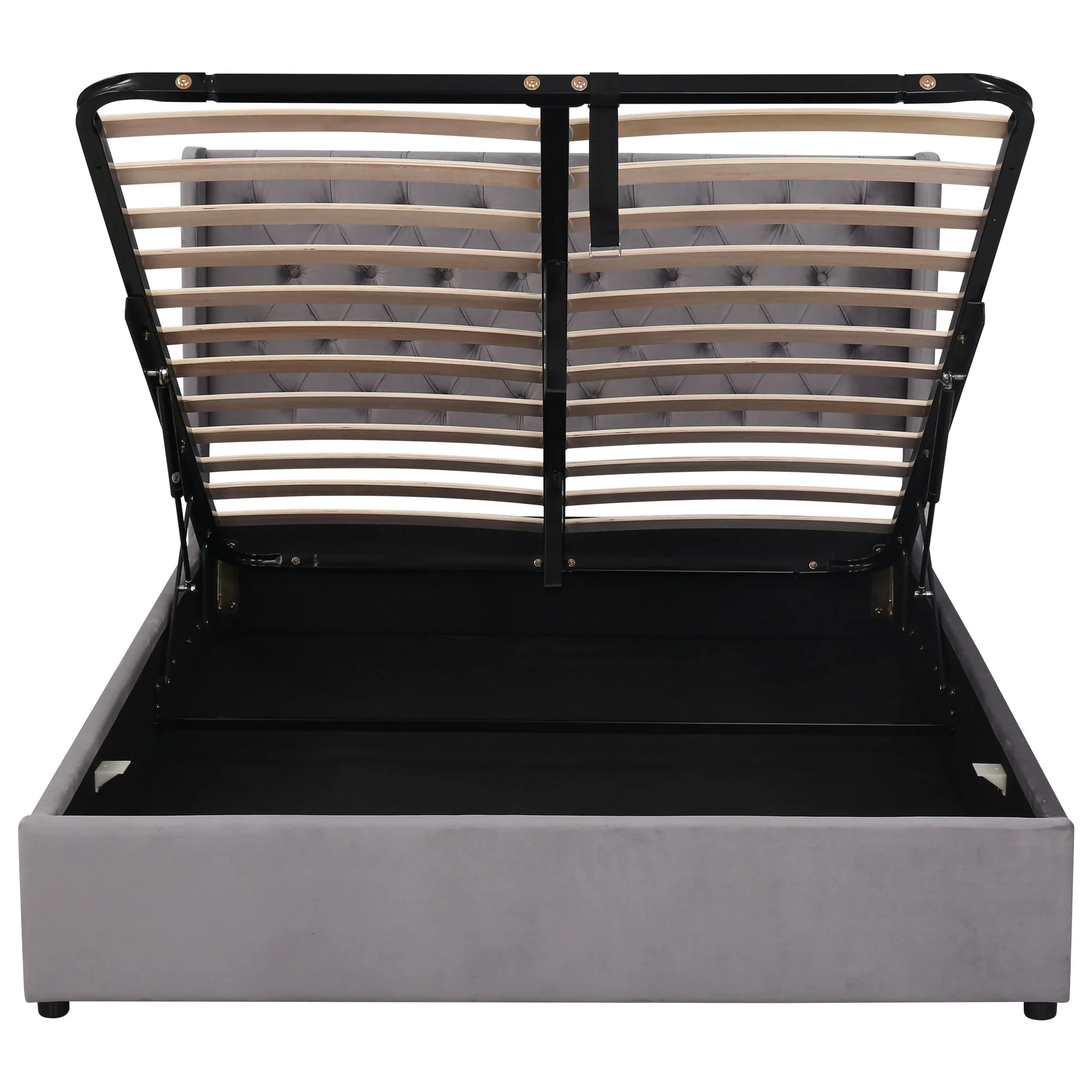 Upholstered Bed 140x200 Hydraulic Storage Slatted Frame with Ear Shape & Button Seams - Velvet Grey - Image 10