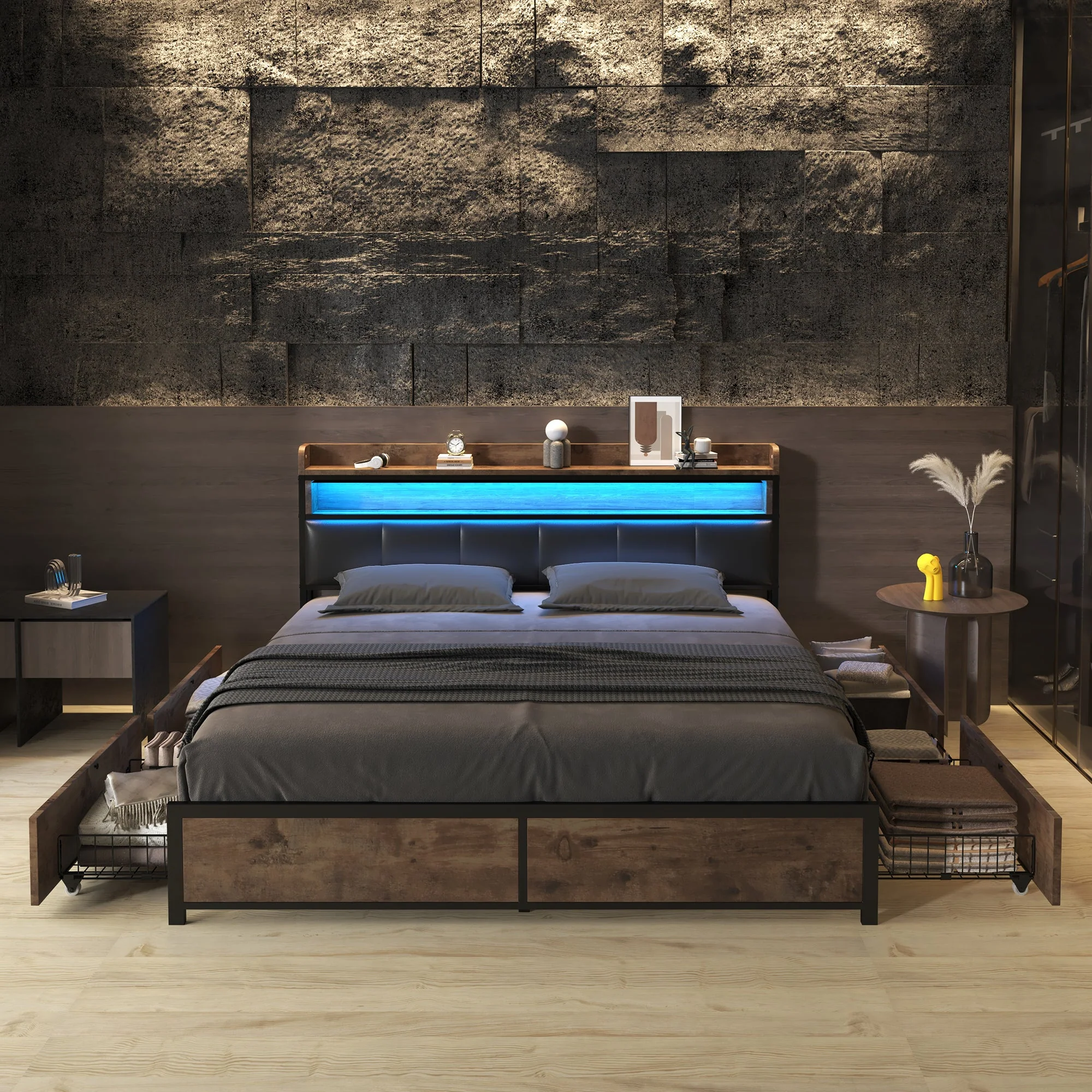Upholstered Bed 140x200 LED 4-Drawer Storage PU Black - Image 5