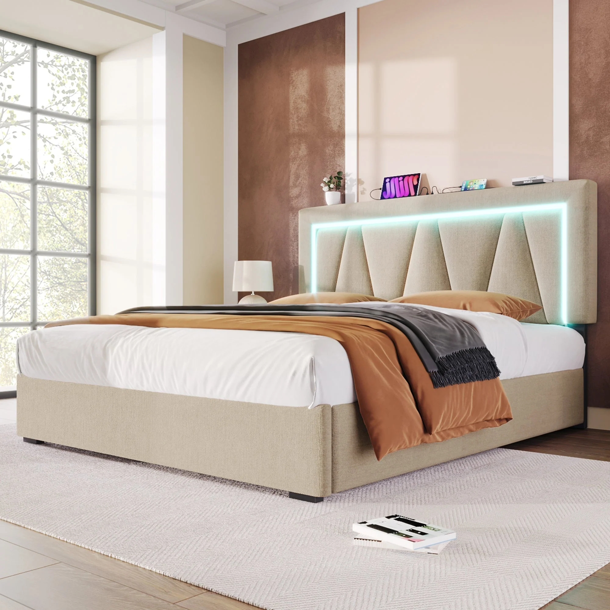 Upholstered Bed, 140x200 LED Double with USB-C Charging, Storage, Linen - Image 6