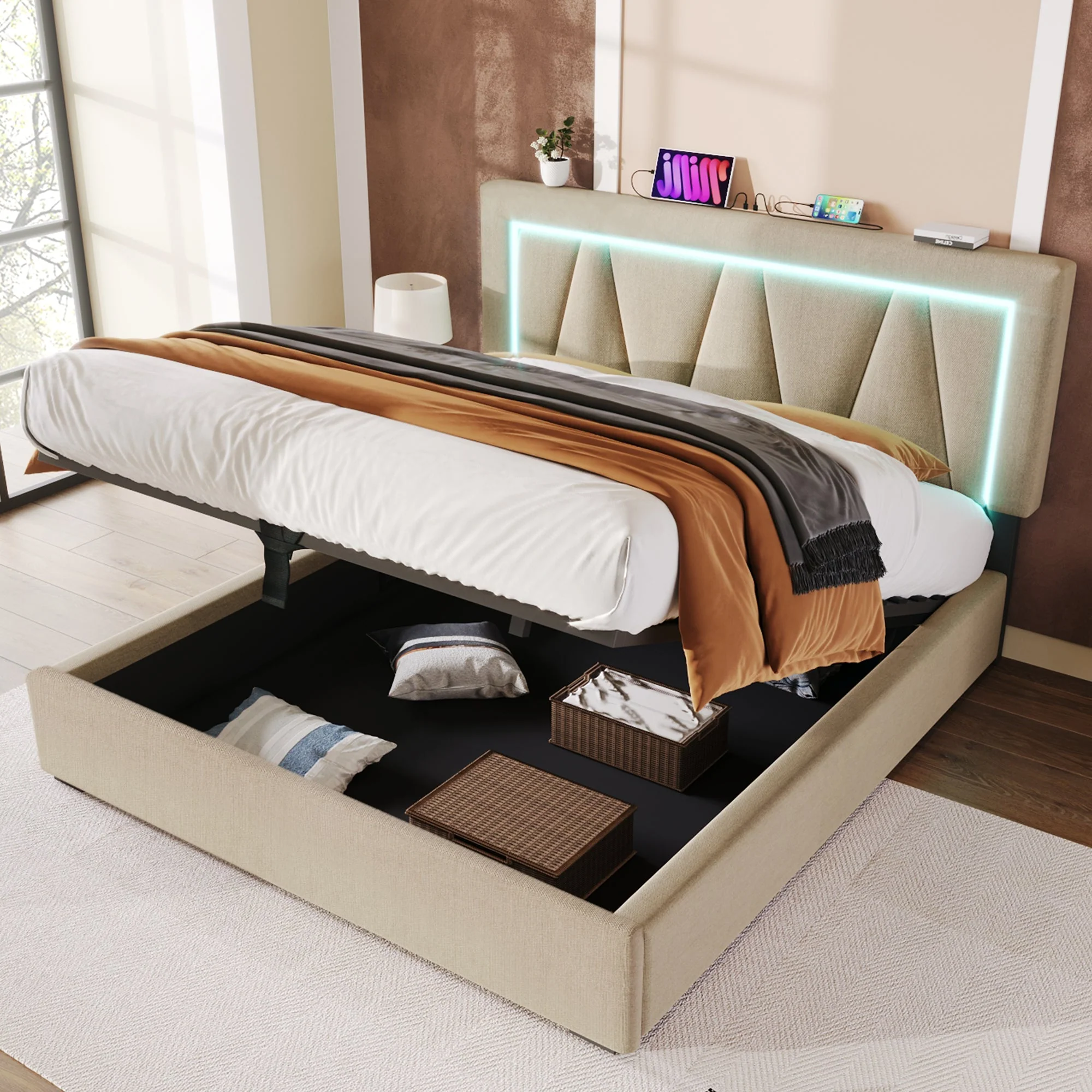 Upholstered Bed, 140x200 LED Double with USB-C Charging, Storage, Linen - Image 8