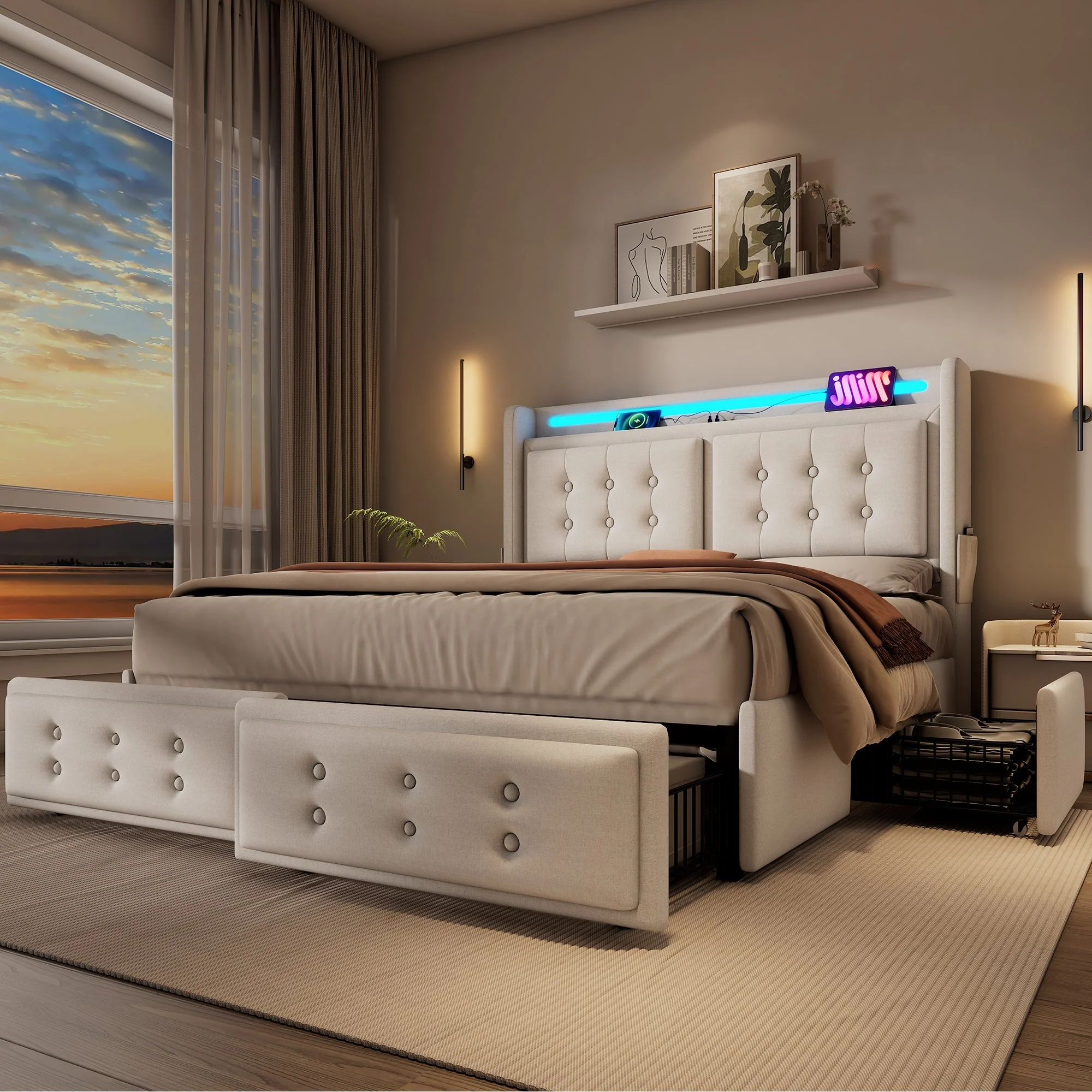Upholstered Bed 140x200, LED Headboard with USB-C, 4-Drawer Storage, Beige Cotton - Image 10