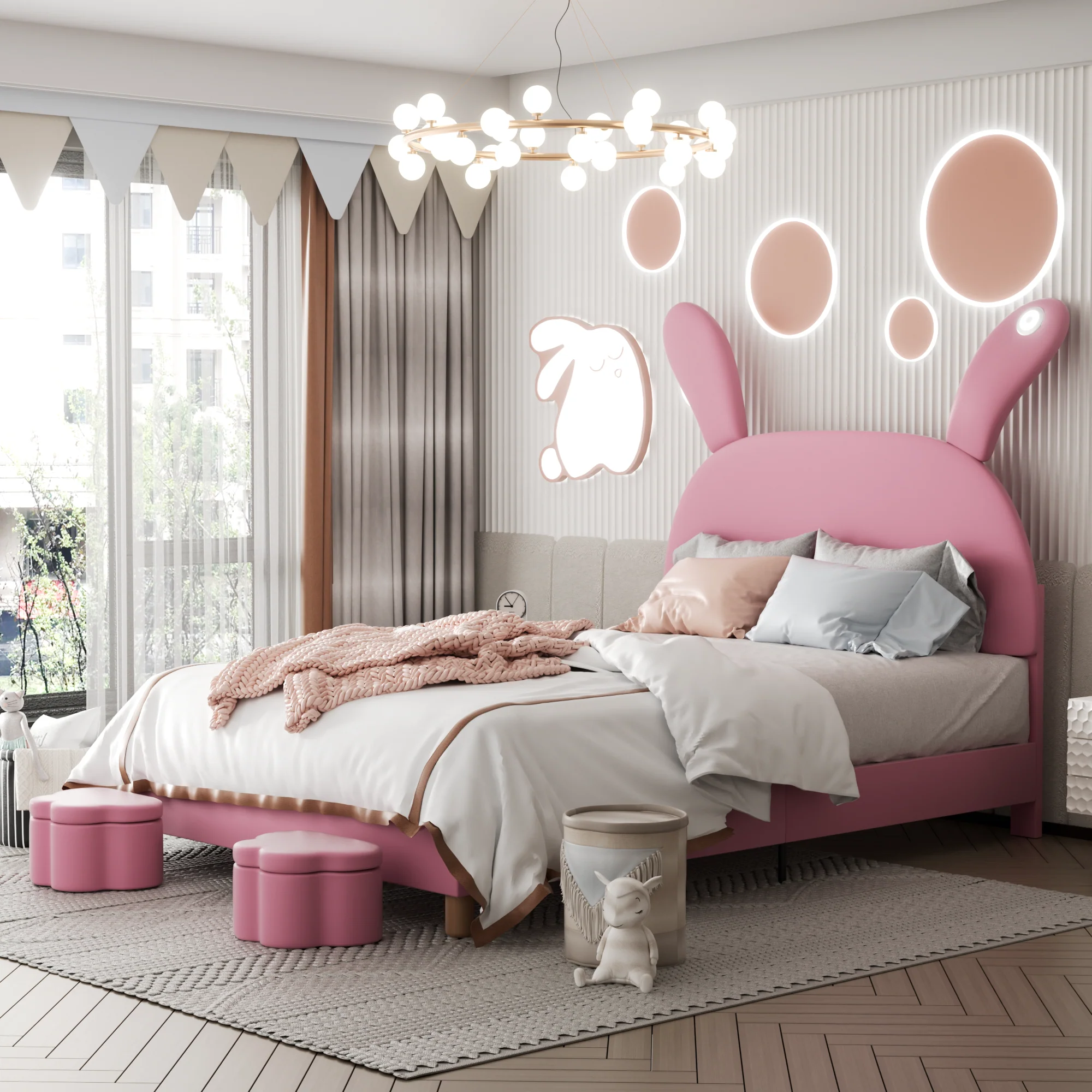 Upholstered Bed 140x200, LED Lighting, Storage Stools, Adjustable Headboard, French Velvet Pink - Image 2