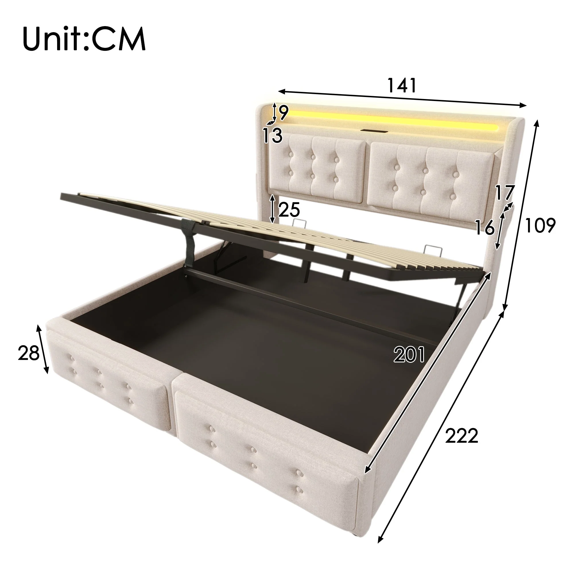 Upholstered Bed 140x200 LED USB Hydraulic Storage, Beige Cotton - Image 2