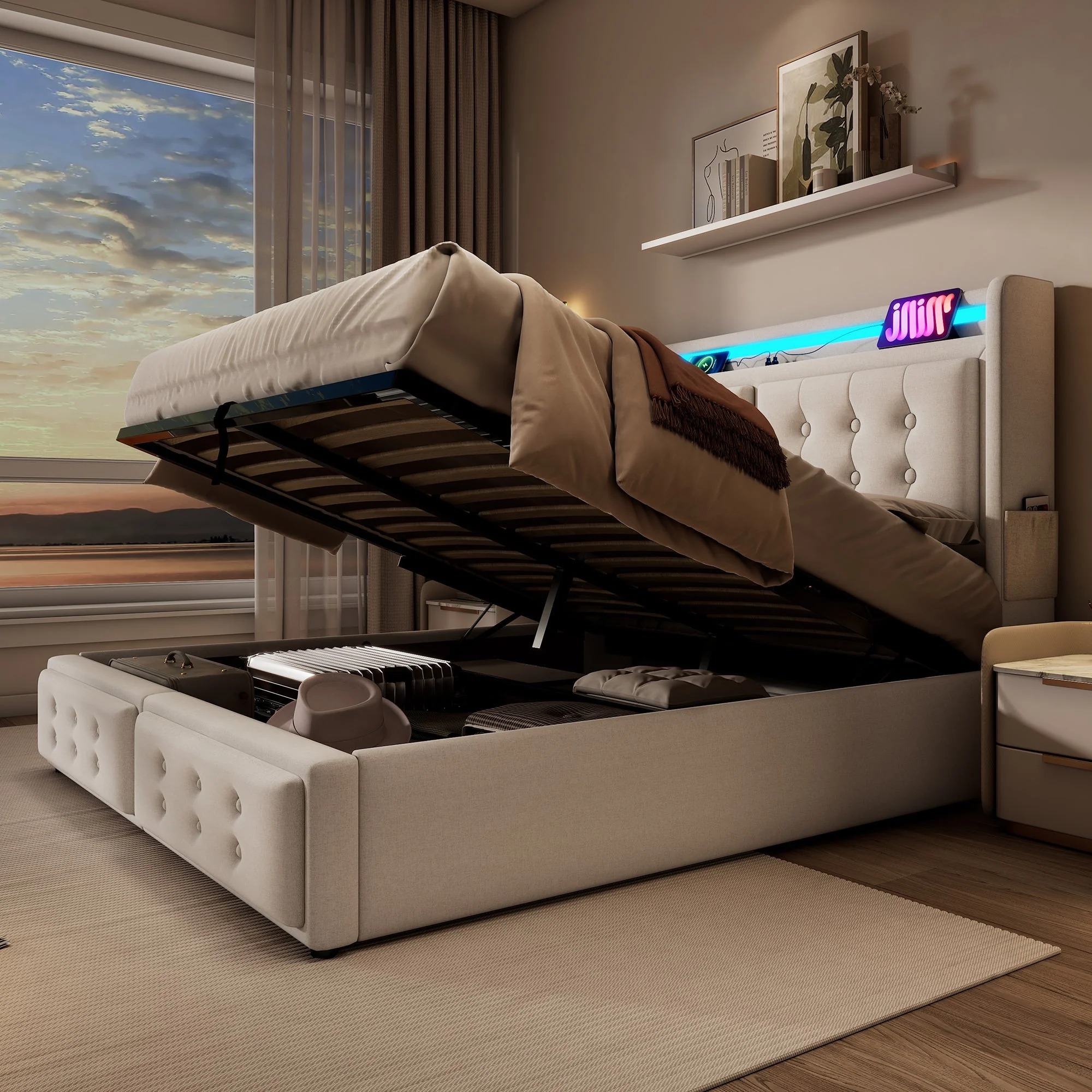 Upholstered Bed 140x200 LED USB Hydraulic Storage, Beige Cotton - Image 6