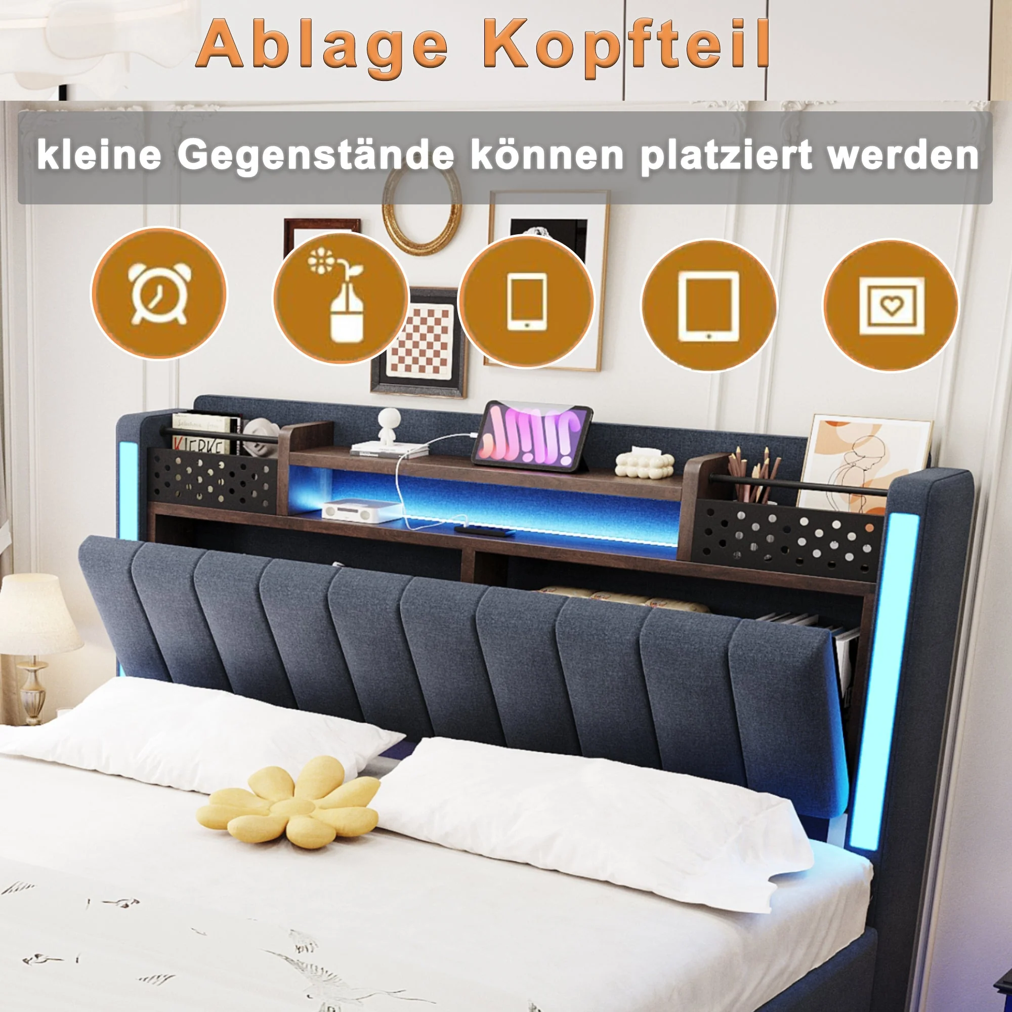 Upholstered Bed, 140x200, LED & USB, Storage Headboard, Floating Design, Grey Linen - Image 10