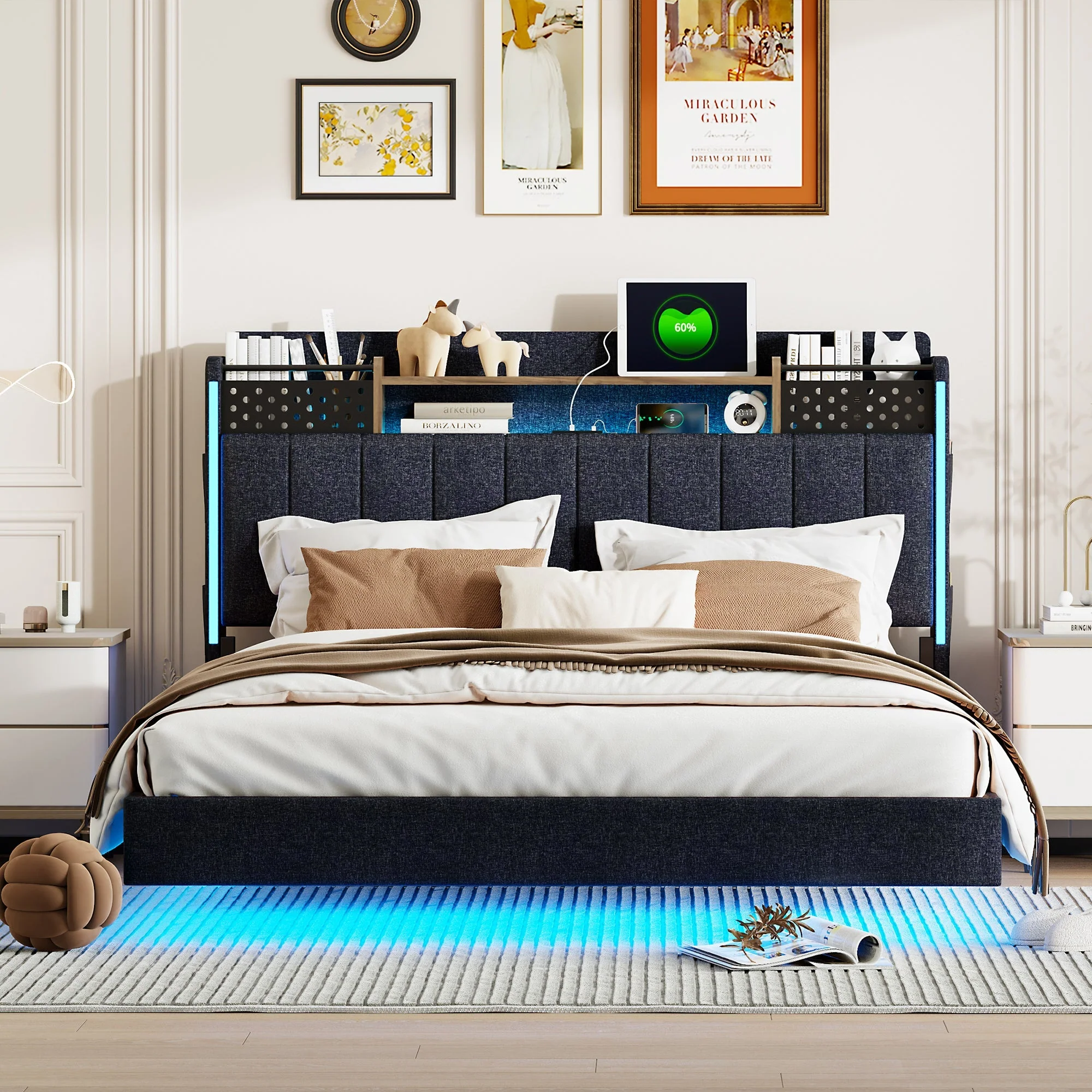 Upholstered Bed, 140x200, LED & USB, Storage Headboard, Floating Design, Grey Linen - Image 5