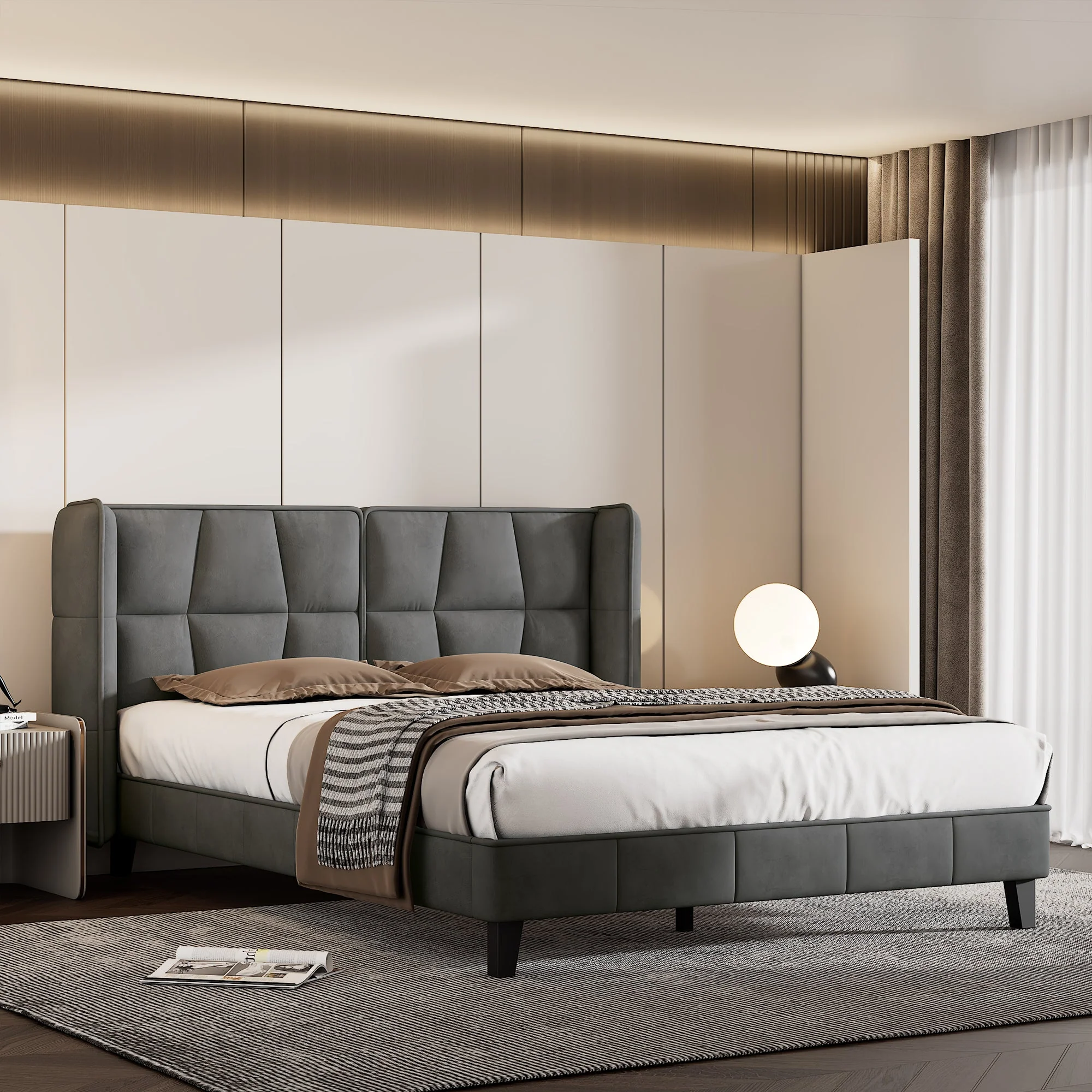 Upholstered Bed 140x200 Slatted Base Headboard Easy Assembly, Velvet Grey