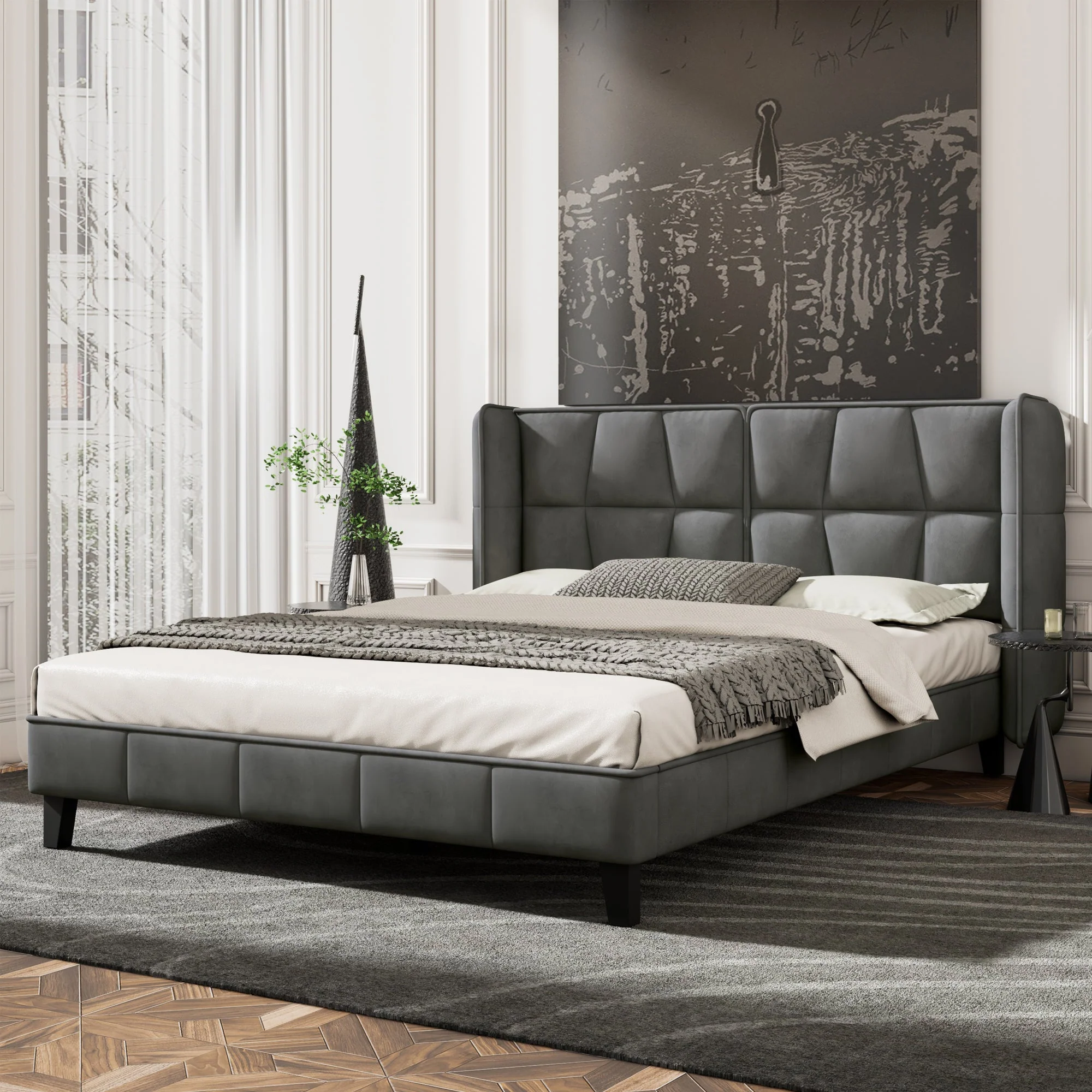 Upholstered Bed 140x200 Slatted Base Headboard Easy Assembly, Velvet Grey - Image 4