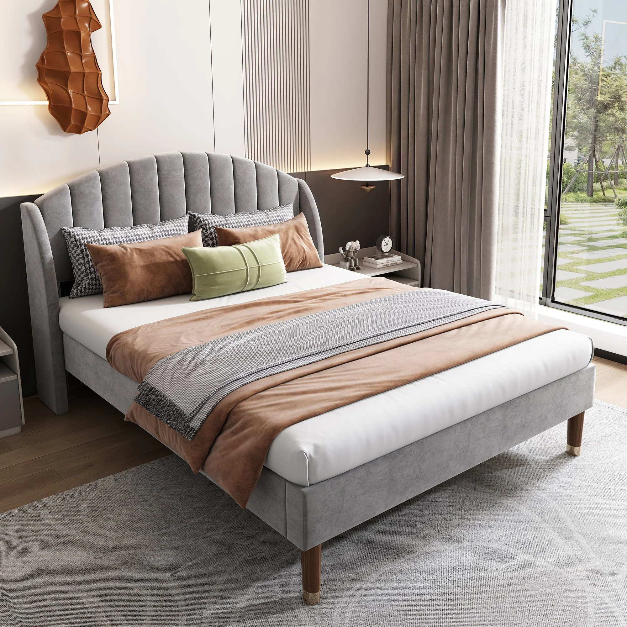 Upholstered Bed 140x200 Slatted Base Headboard Wooden Support Velvet Grey - Image 4