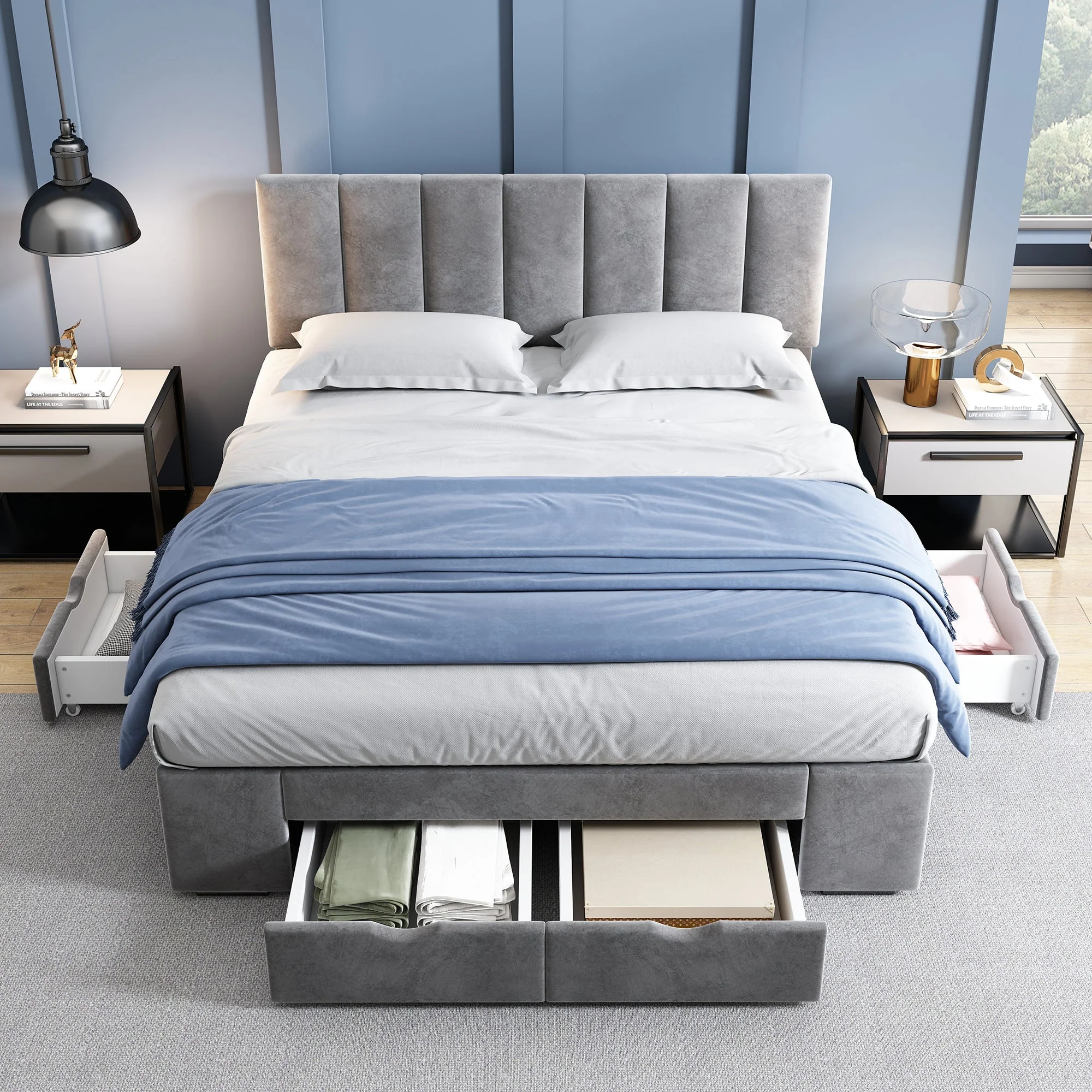 Upholstered Bed 140x200 Slatted Frame Backrest & 4 Drawers - Velvet Grey - Image 2