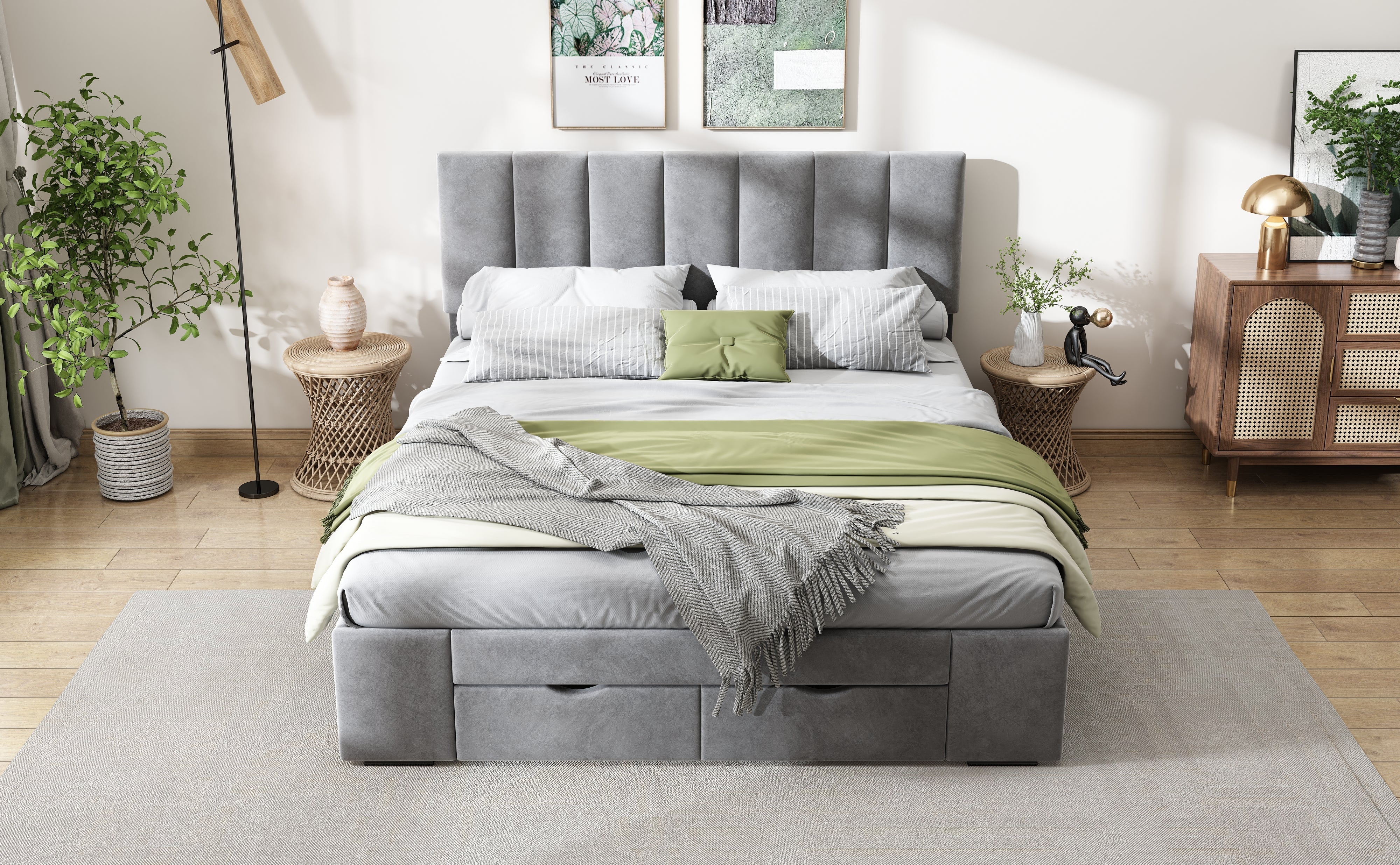 Upholstered Bed 140x200 Slatted Frame Backrest & 4 Drawers - Velvet Grey - Image 8
