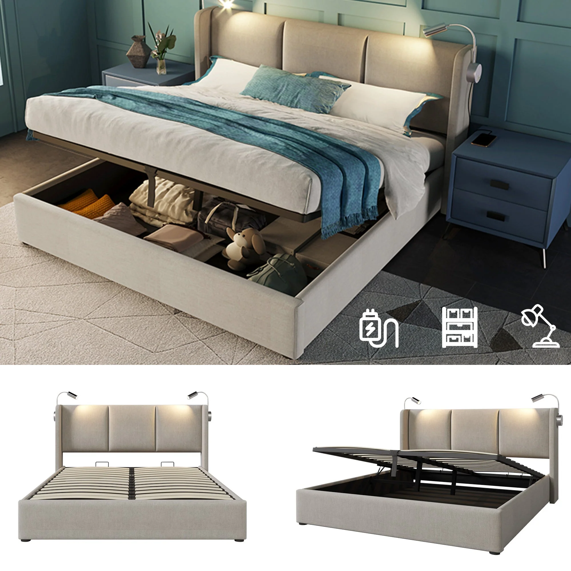 Upholstered Bed 140x200 Storage USB Reading Light, Linen Fabric - Image 2