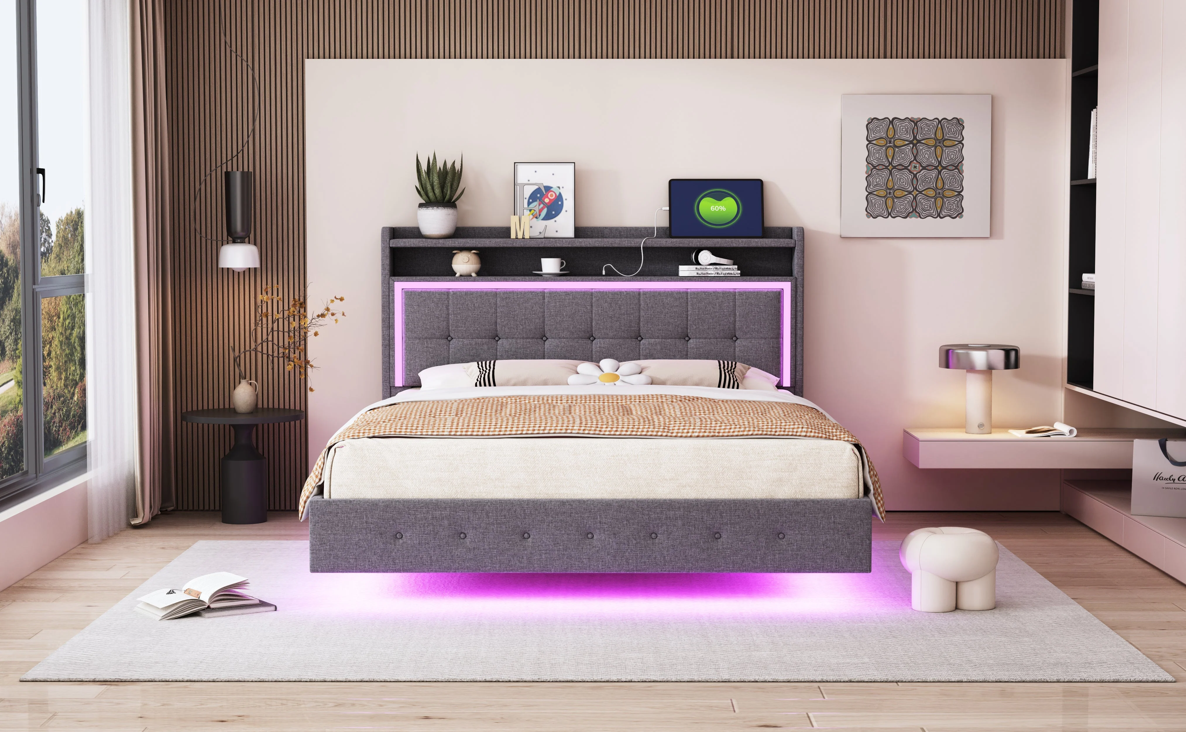 Upholstered Bed 140x200, USB & LED Light, Linen Fabric Gray - Image 7