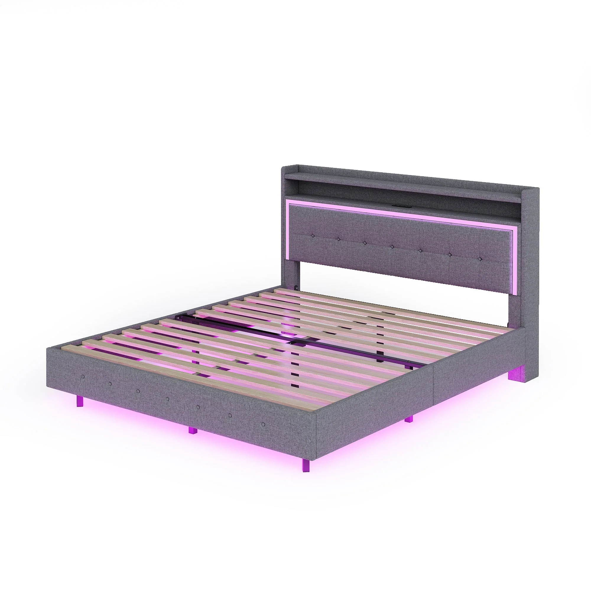 Upholstered Bed 140x200, USB & LED Light, Linen Fabric Gray - Image 9