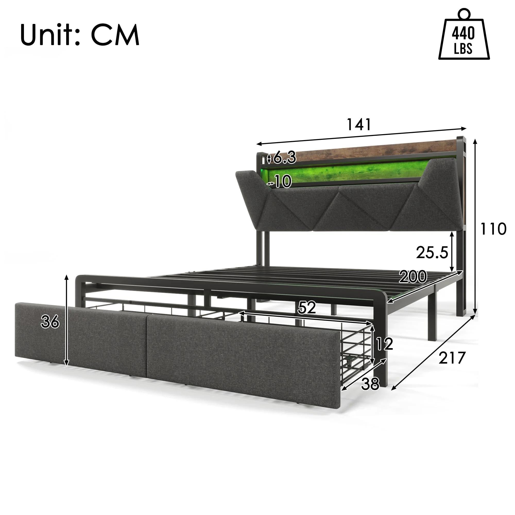 Upholstered Bed, 140x200 with USB-C, LED, Storage Drawers & Headboard, Gray with Metal Frame - Image 3