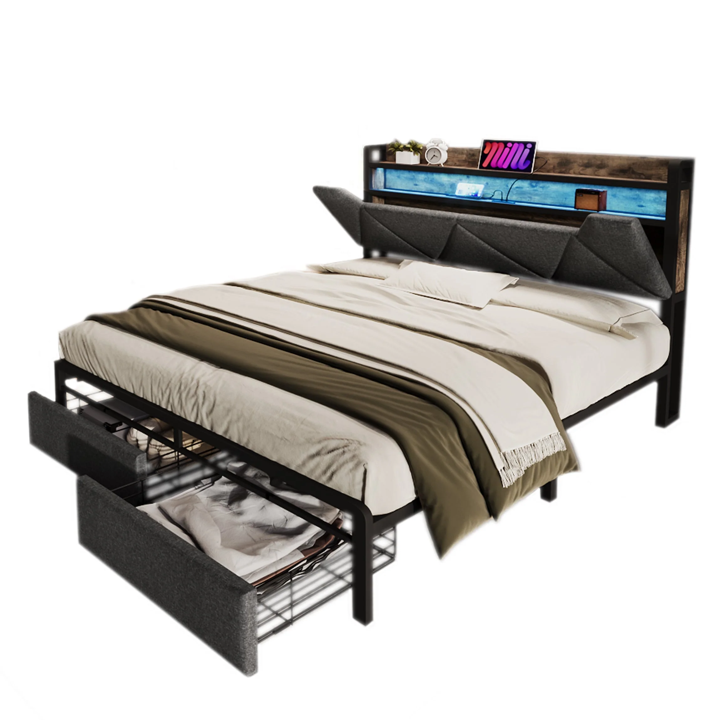 Upholstered Bed, 140x200 with USB-C, LED, Storage Drawers & Headboard, Gray with Metal Frame - Image 8