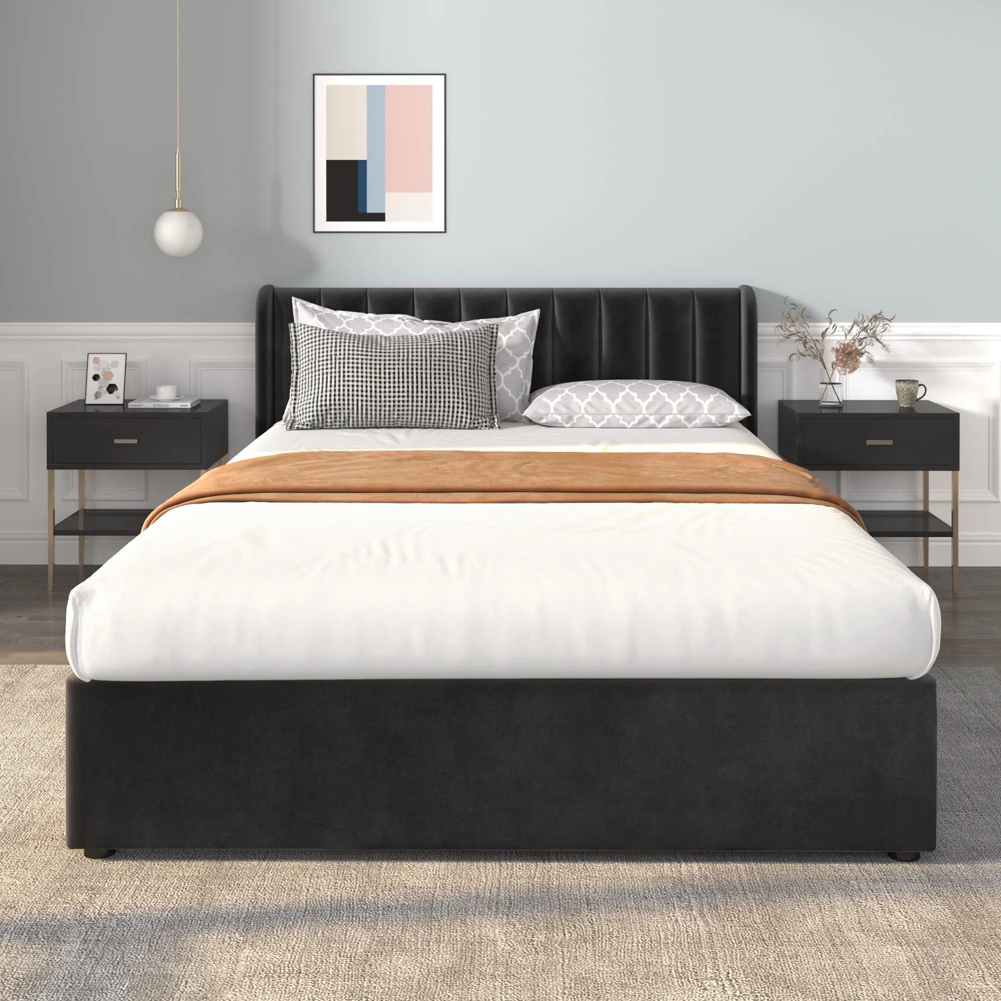 Upholstered Bed 140x200cm 2 Drawers Slatted Base - Black Velvet - Image 3