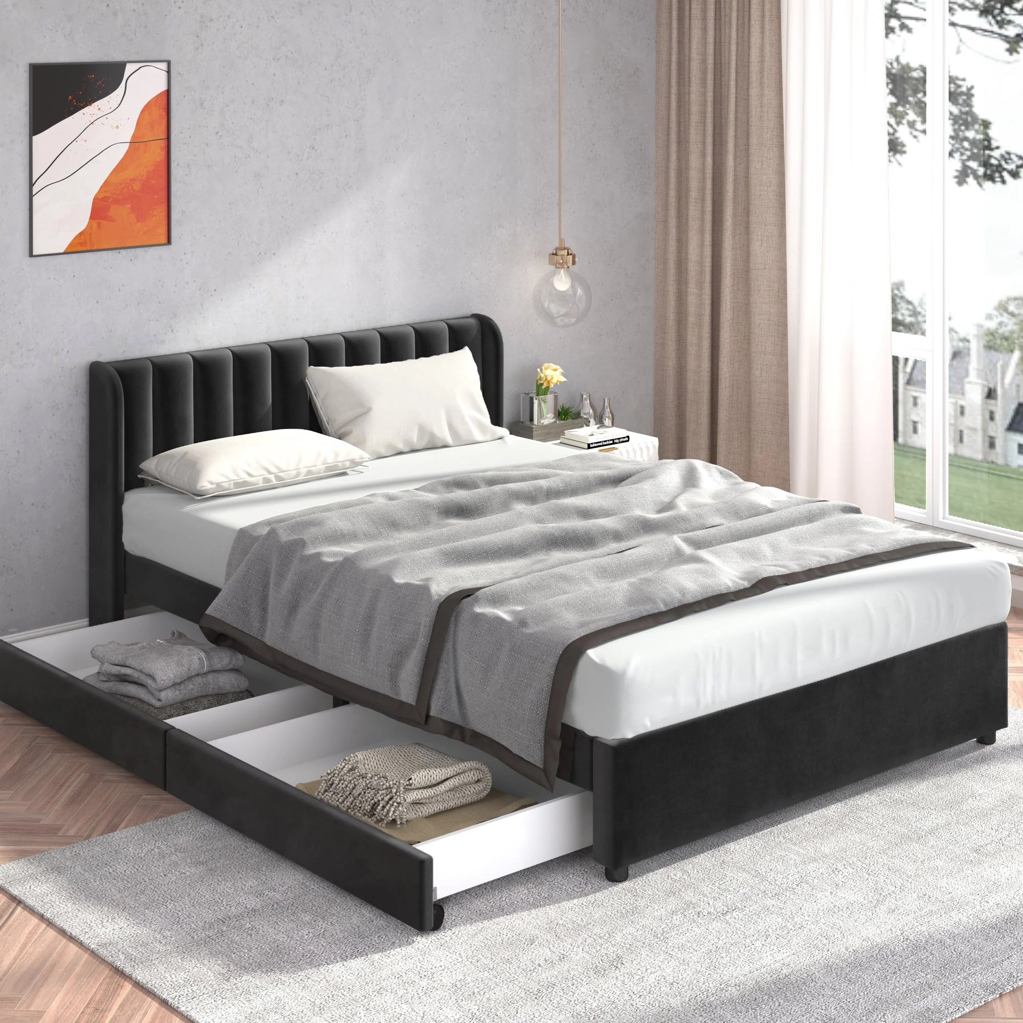 Upholstered Bed 140x200cm 2 Drawers Slatted Base - Black Velvet - Image 4