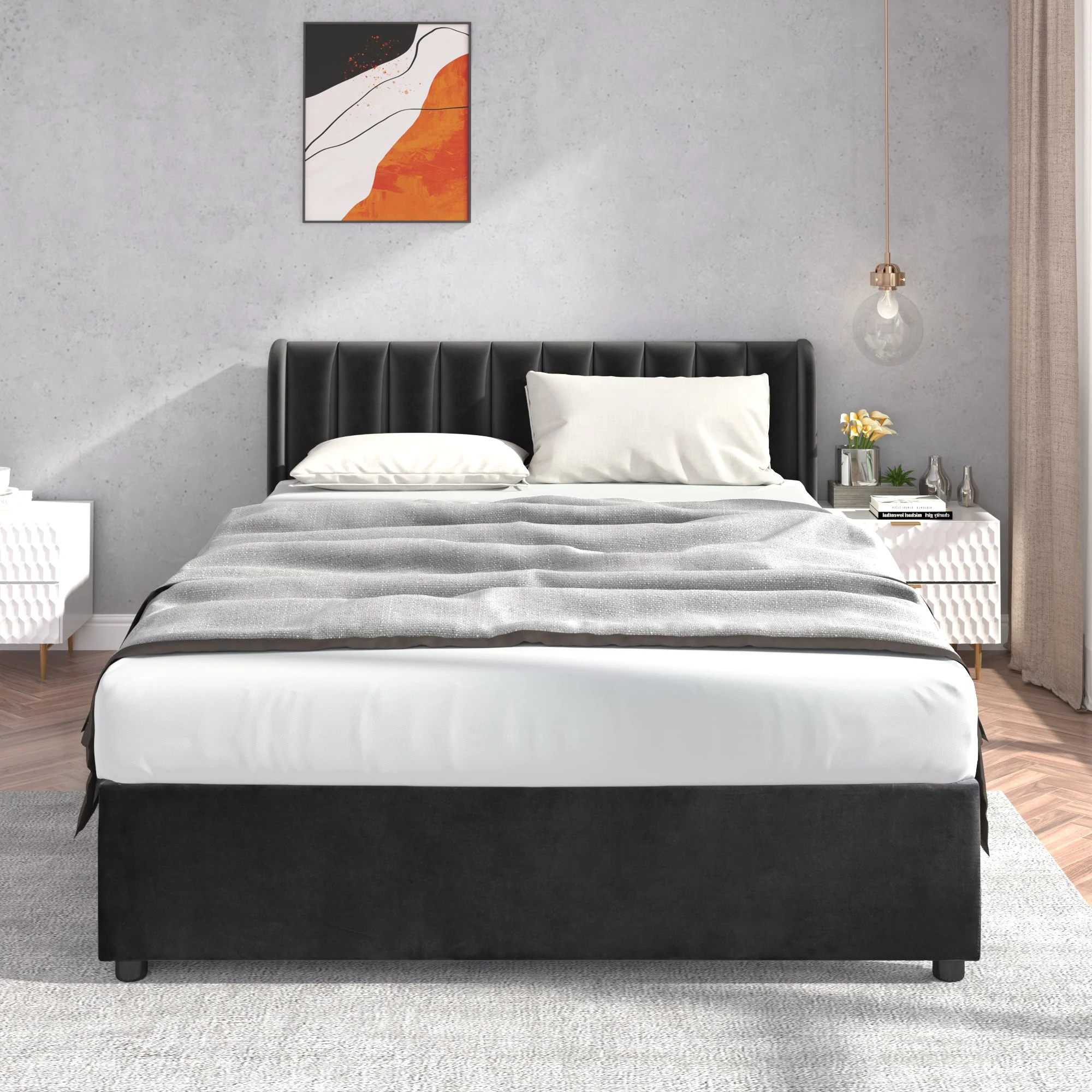 Upholstered Bed 140x200cm 2 Drawers Slatted Base - Black Velvet - Image 5