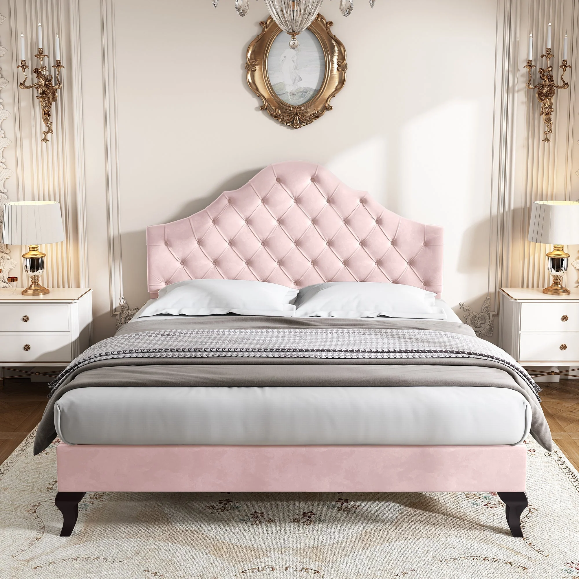 Upholstered Bed 140x200cm Adjustable Headboard Slatted Base - Velvet Pink - Image 4