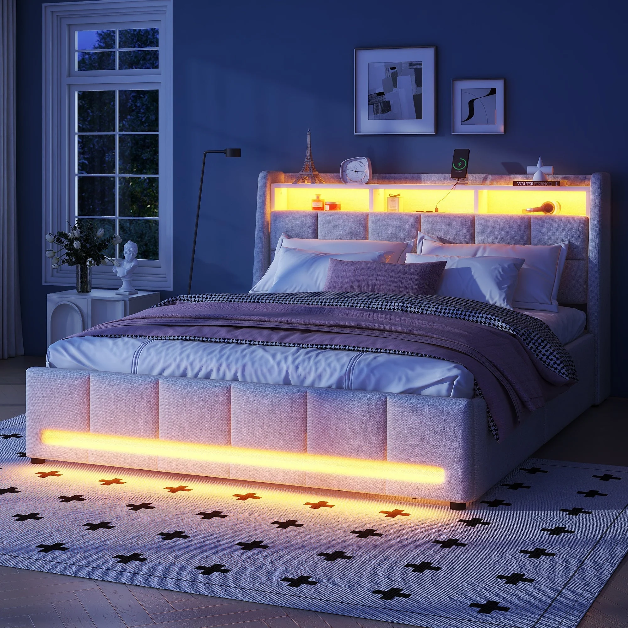 Upholstered Bed 140x200cm App Control LED Drawers USB/Sockets - Linen Beige - Image 5