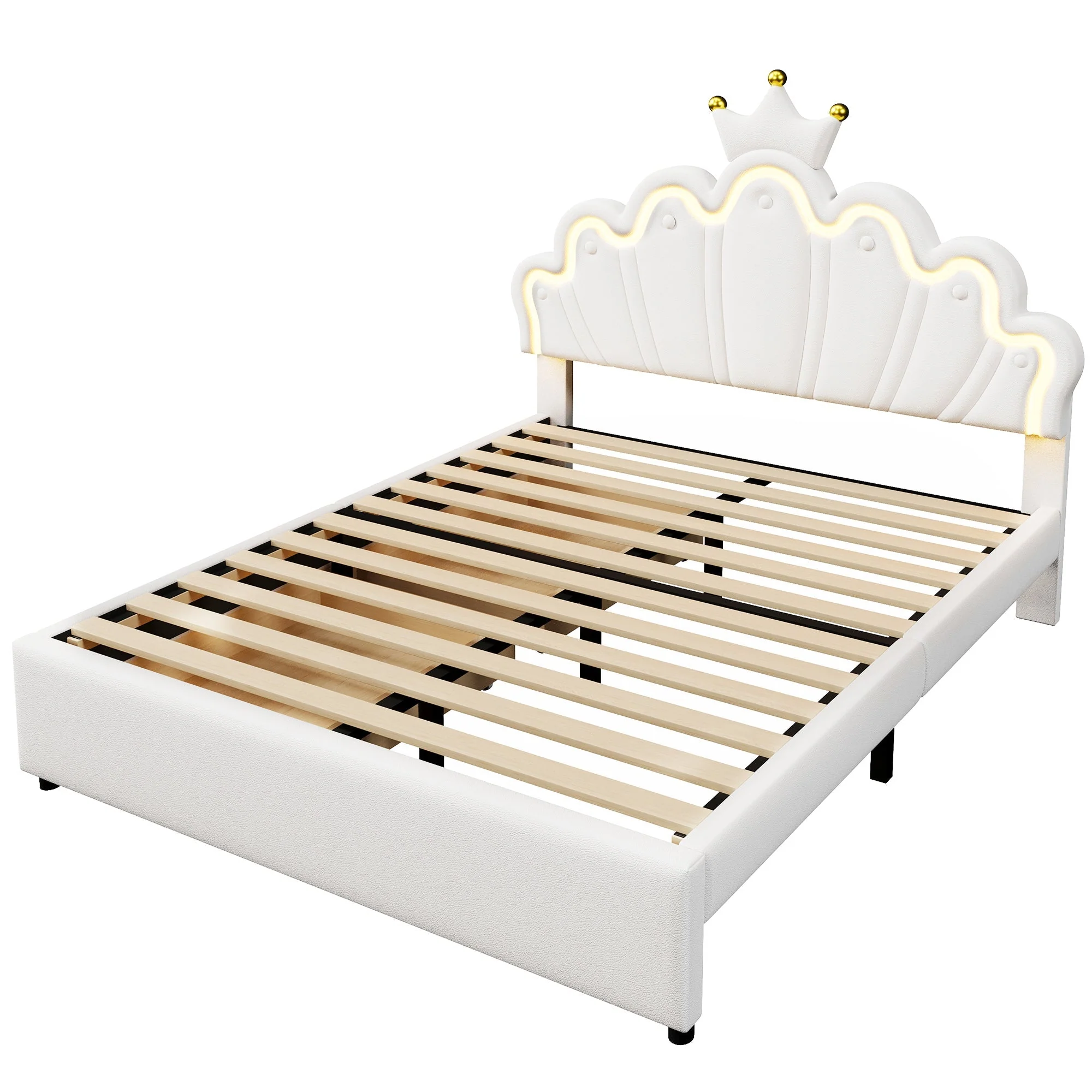 Upholstered Bed 140x200cm Crown Design Ambient Light 2 Drawers Adjustable Headboard - White PU - Image 10