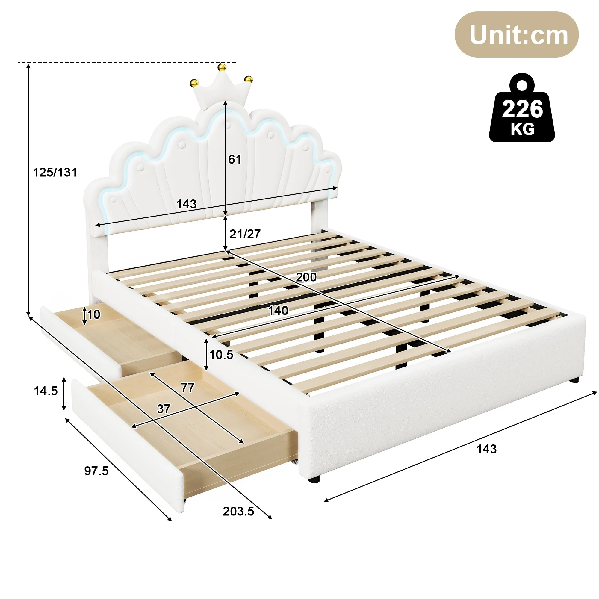 Upholstered Bed 140x200cm Crown Design Ambient Light 2 Drawers Adjustable Headboard - White PU - Image 9