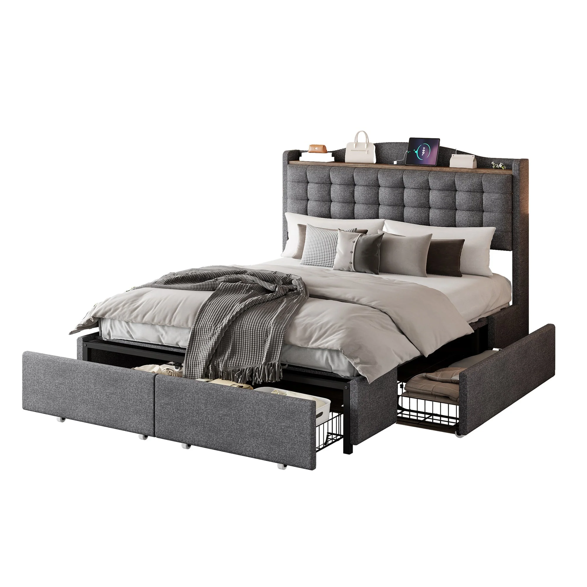 Upholstered Bed, 140x200cm Double Flat with 4 Drawers & USB Bedside Table, Gray Linen - Image 6