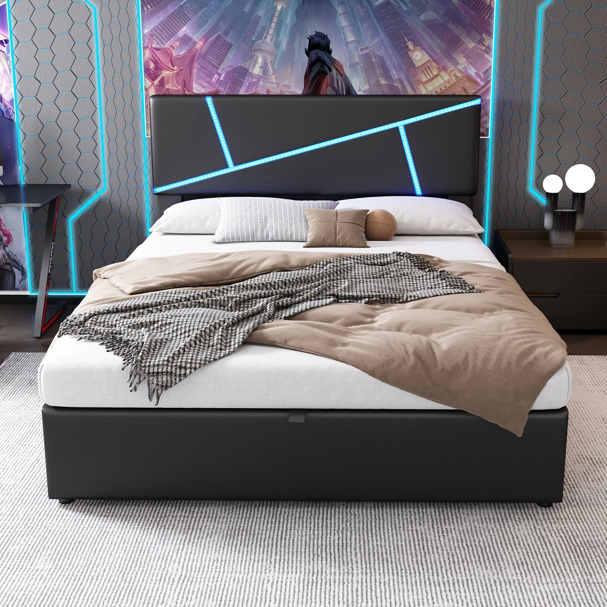 Upholstered Bed 140x200cm Double Hydraulic LED - Synthetic Leather Black - Image 5