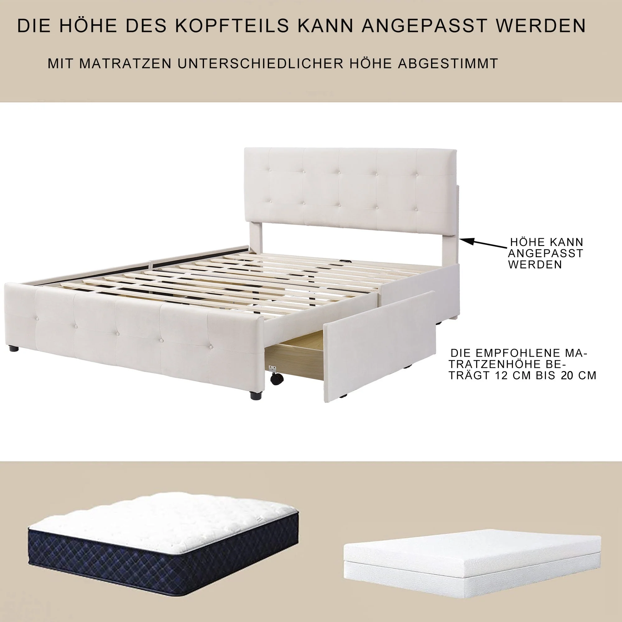 Upholstered Bed, 140x200cm Double with Drawers & Slats, Beige Velvet - Image 10